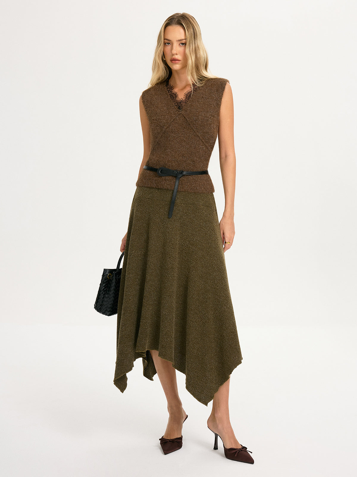 Knit Asymmetric Hem Midi Skirt