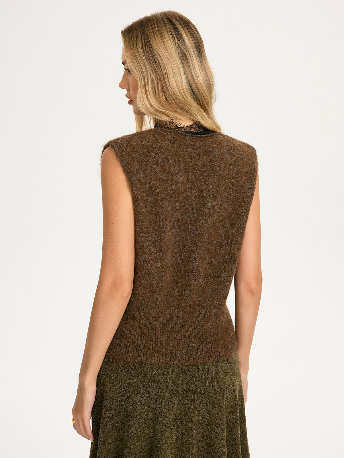 Lace Trim Knit Sleeveless Vest without Belt