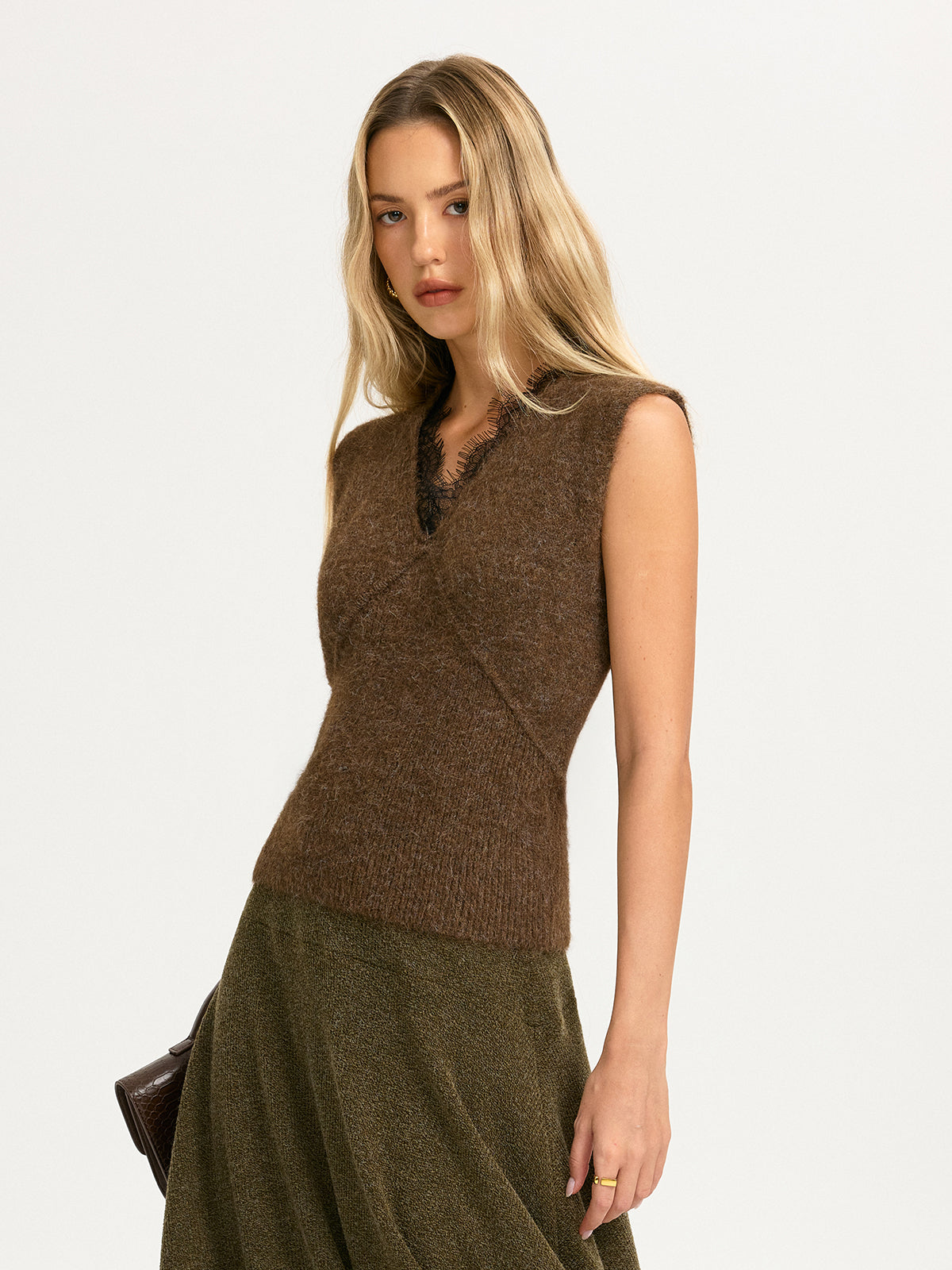 Lace Trim Knit Sleeveless Vest without Belt
