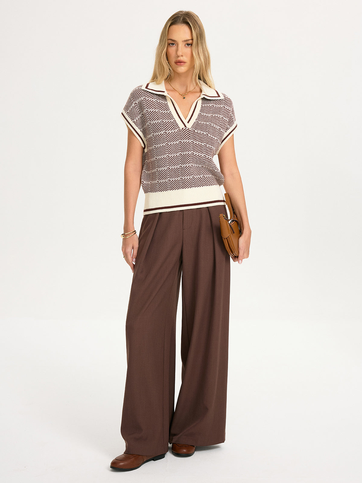 Houndstooth Knit Short-Sleeve Polo Top