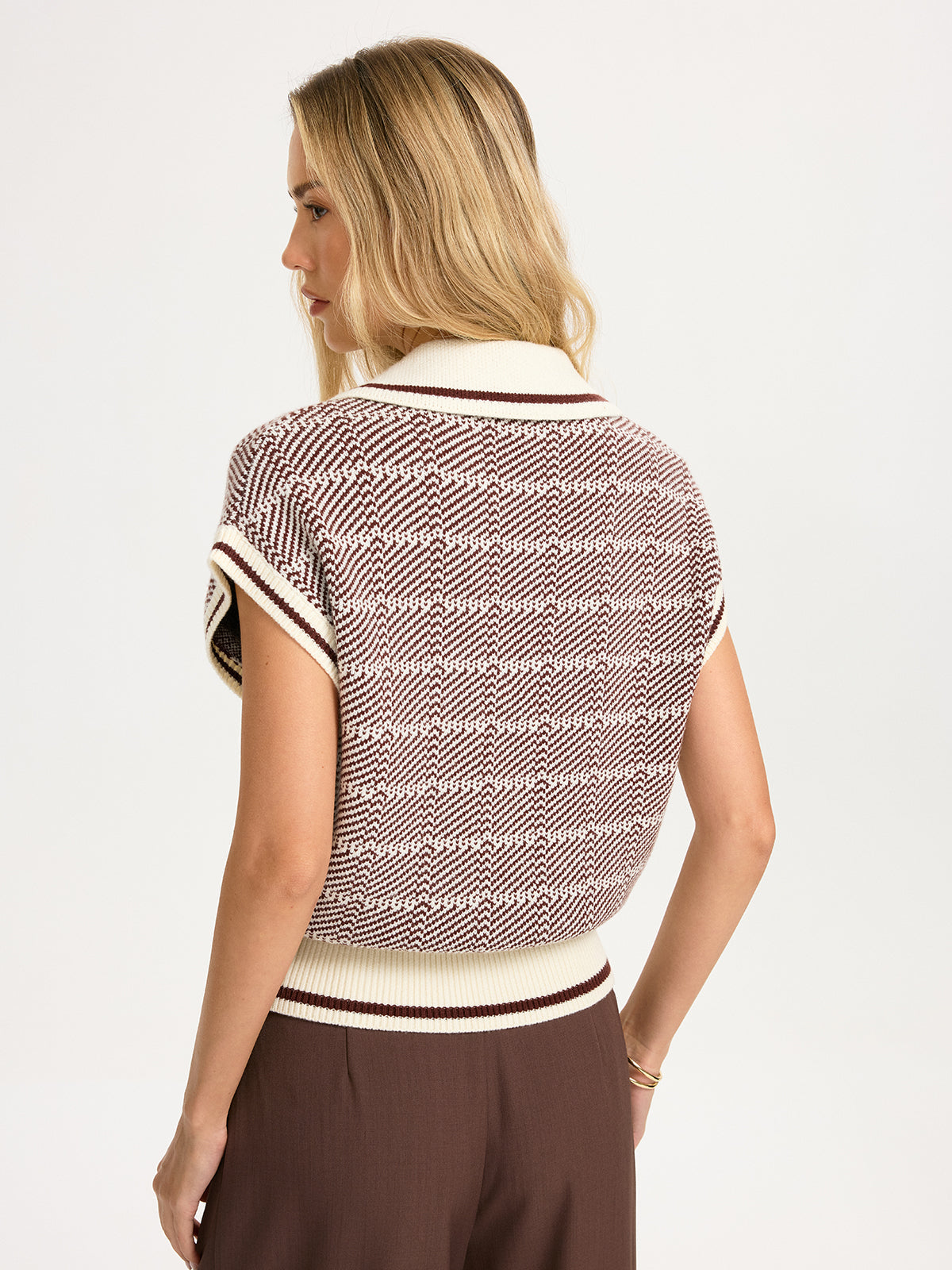 Houndstooth Knit Short-Sleeve Polo Top
