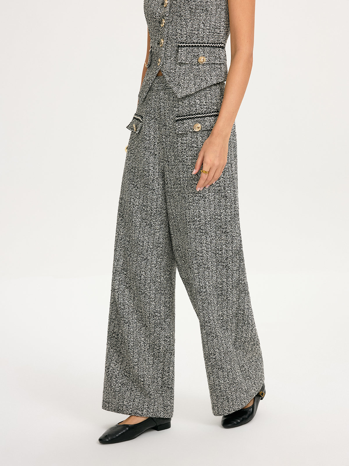 Metal Detail Tweed Wide-Leg Pants