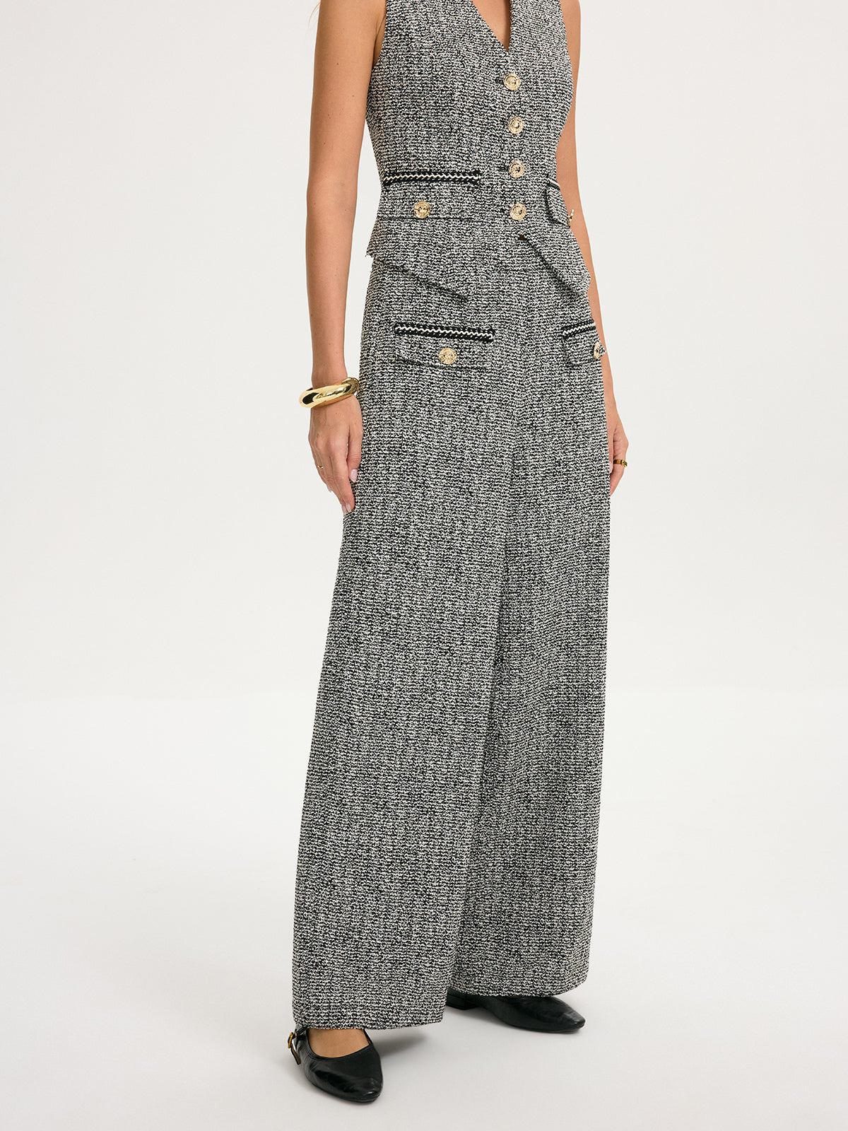 Metal Detail Tweed Wide-Leg Pants