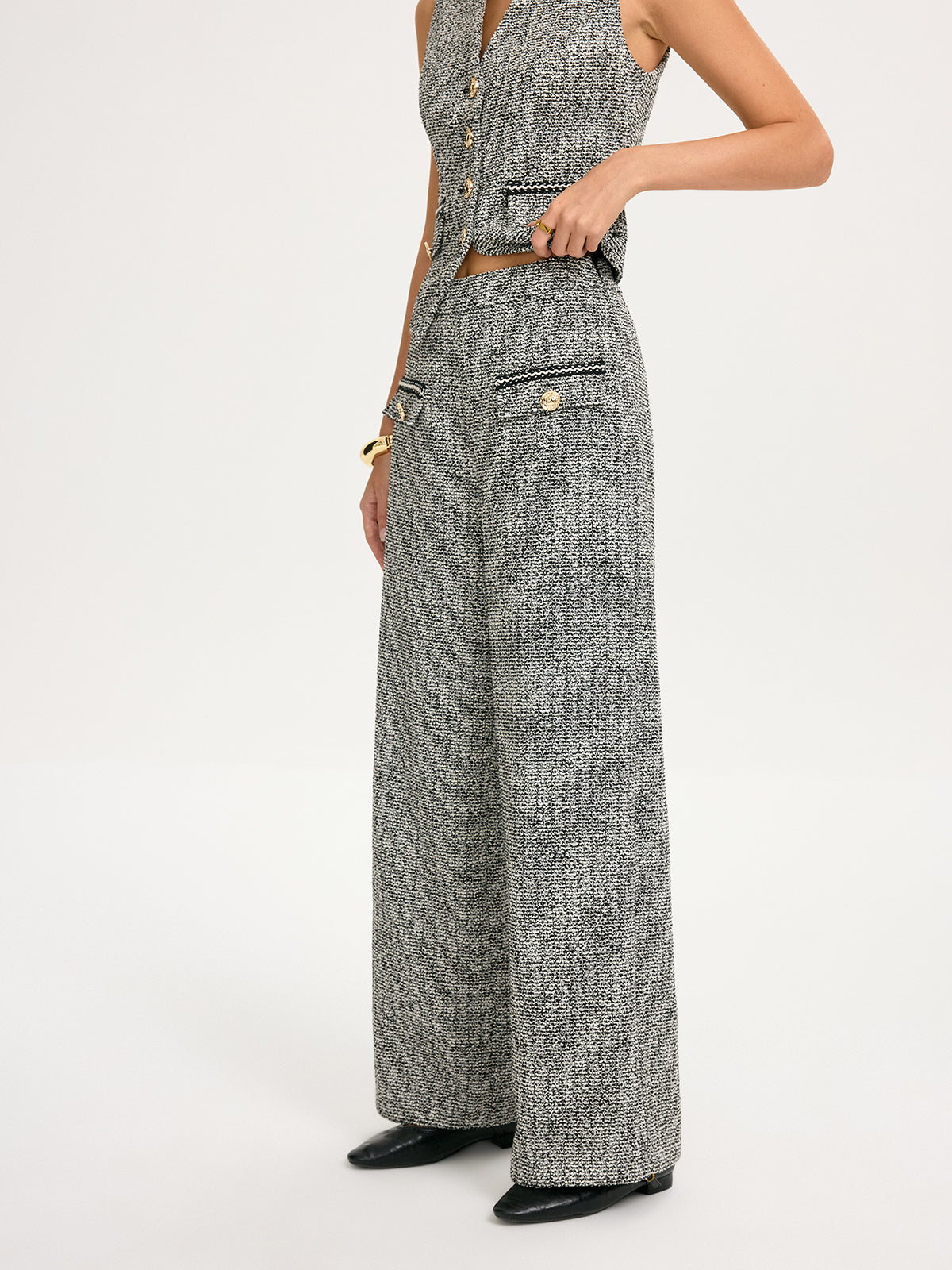 Metal Detail Tweed Wide-Leg Pants
