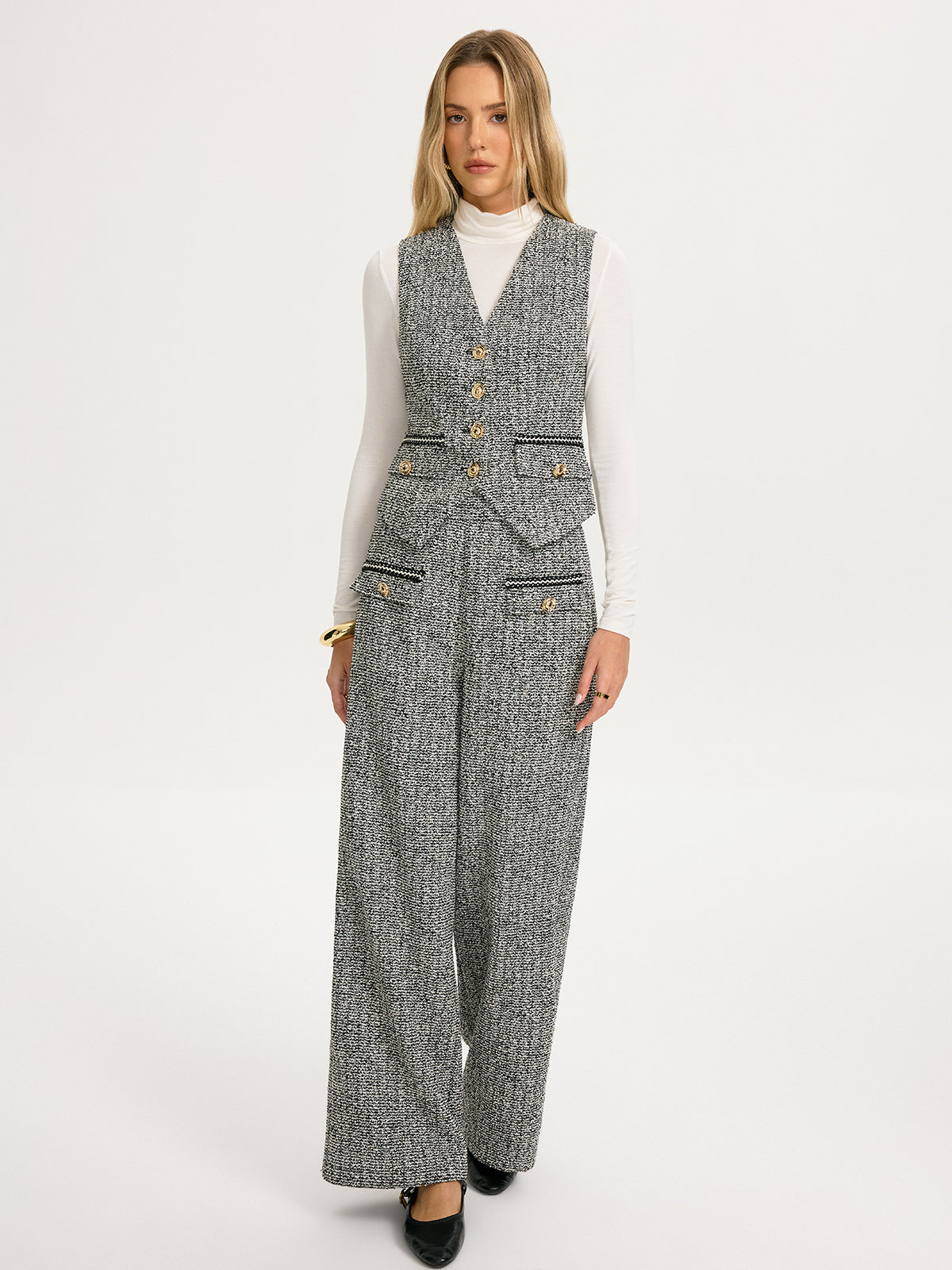 Metal Detail Tweed Wide-Leg Pants