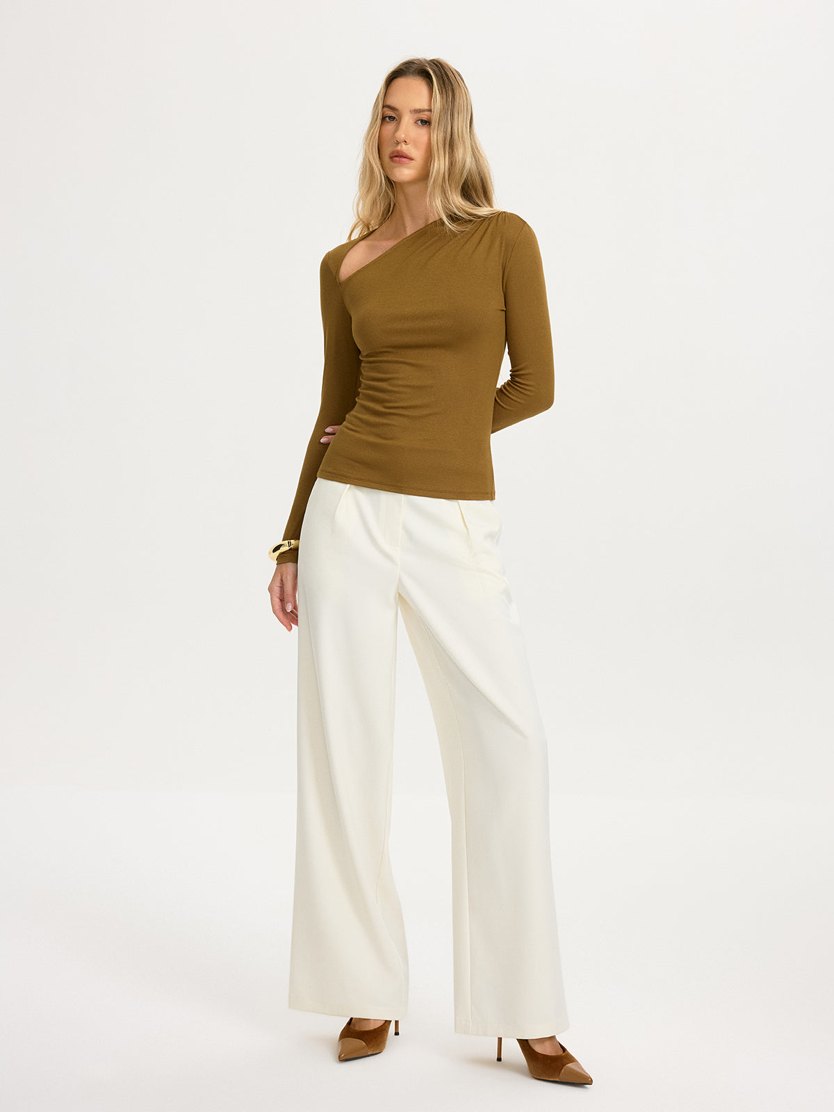 Asymmetrical Neck Long-Sleeve Knit Top
