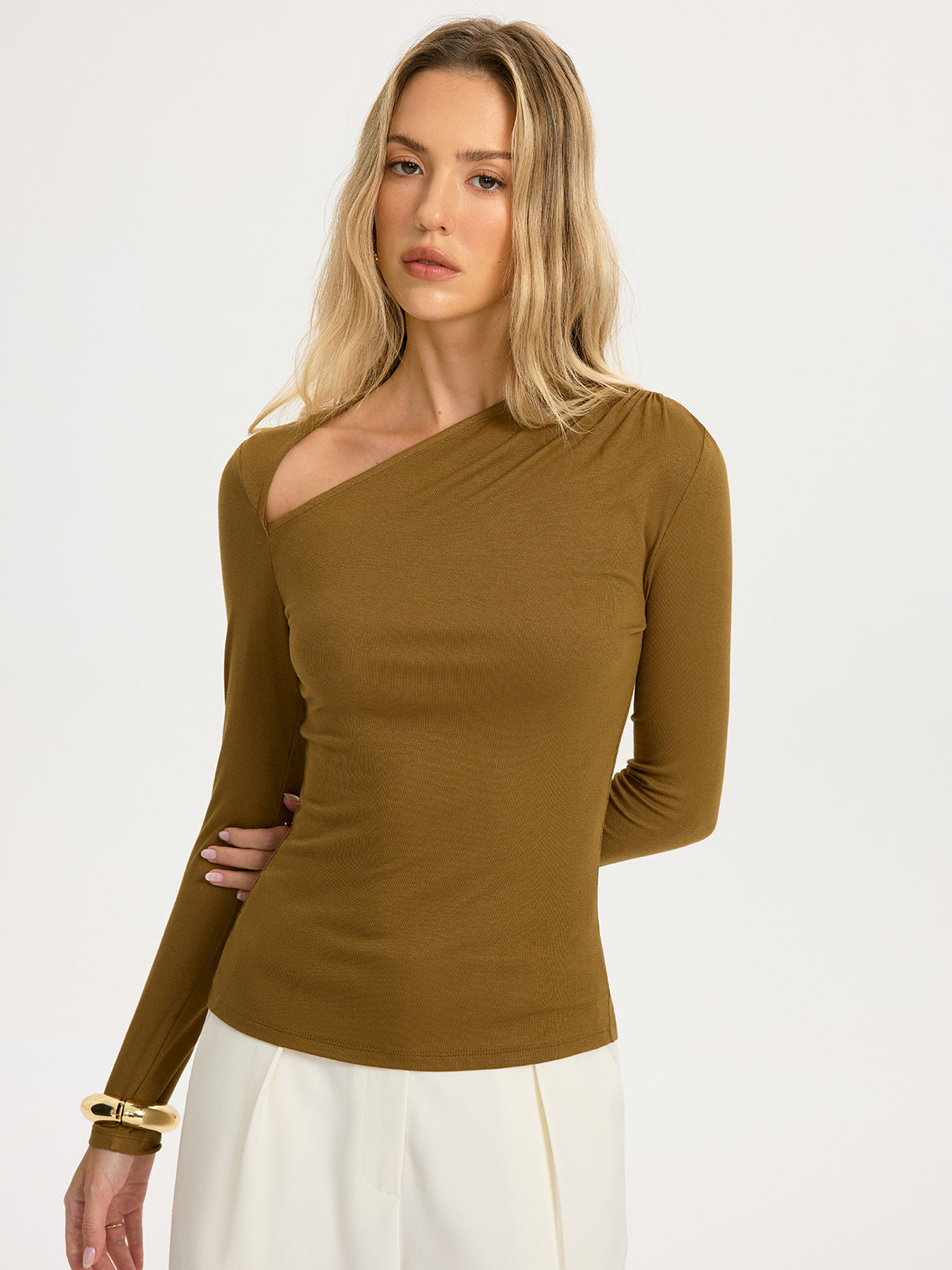 Asymmetrical Neck Long-Sleeve Knit Top