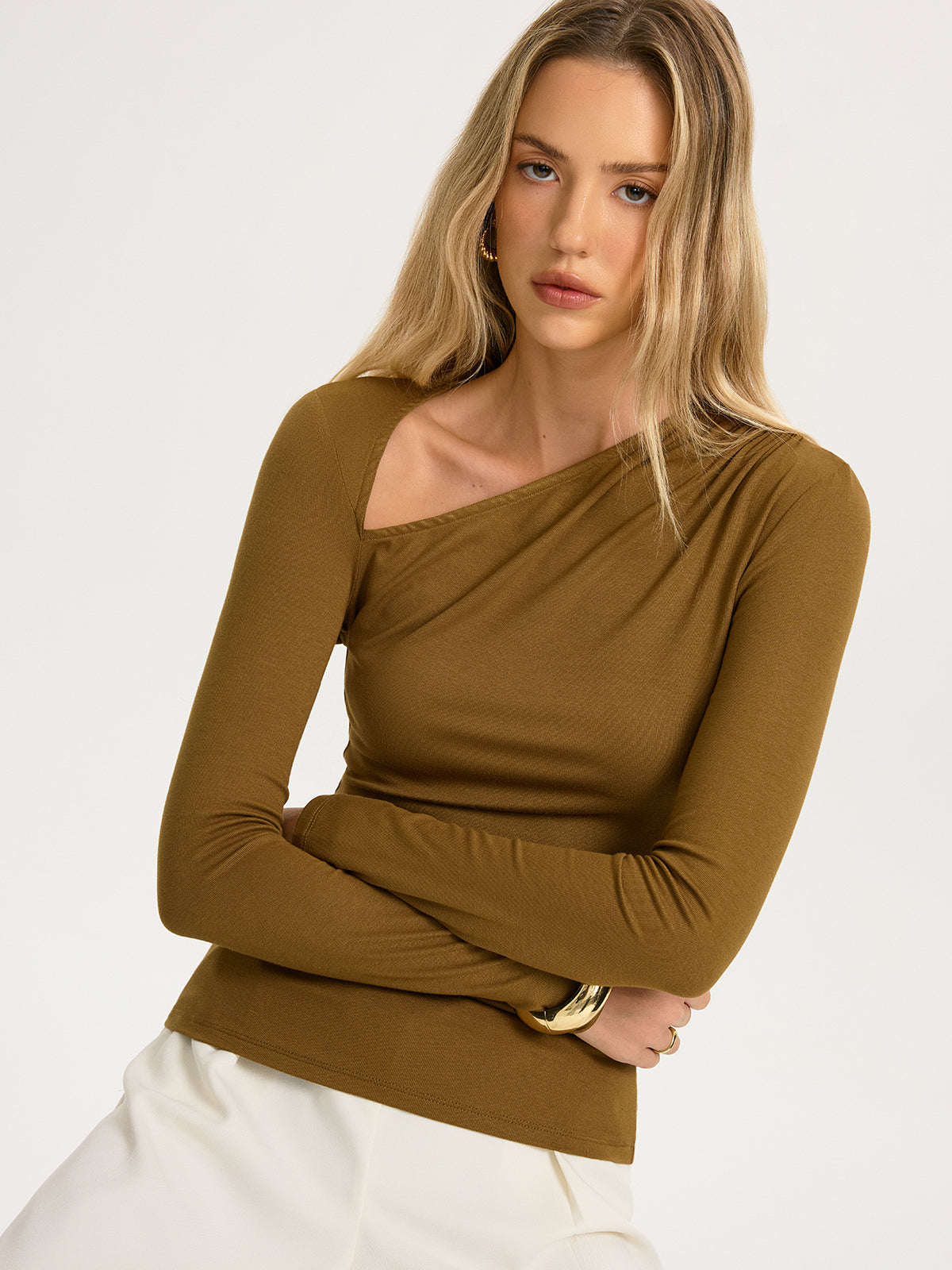 Asymmetrical Neck Long-Sleeve Knit Top