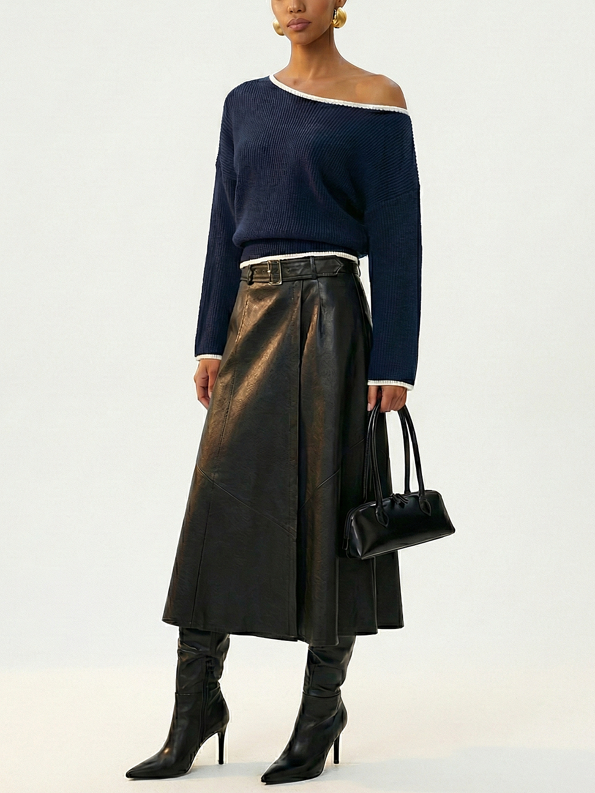 Contrast Trim Ribbed Off-Shoulder Sweater