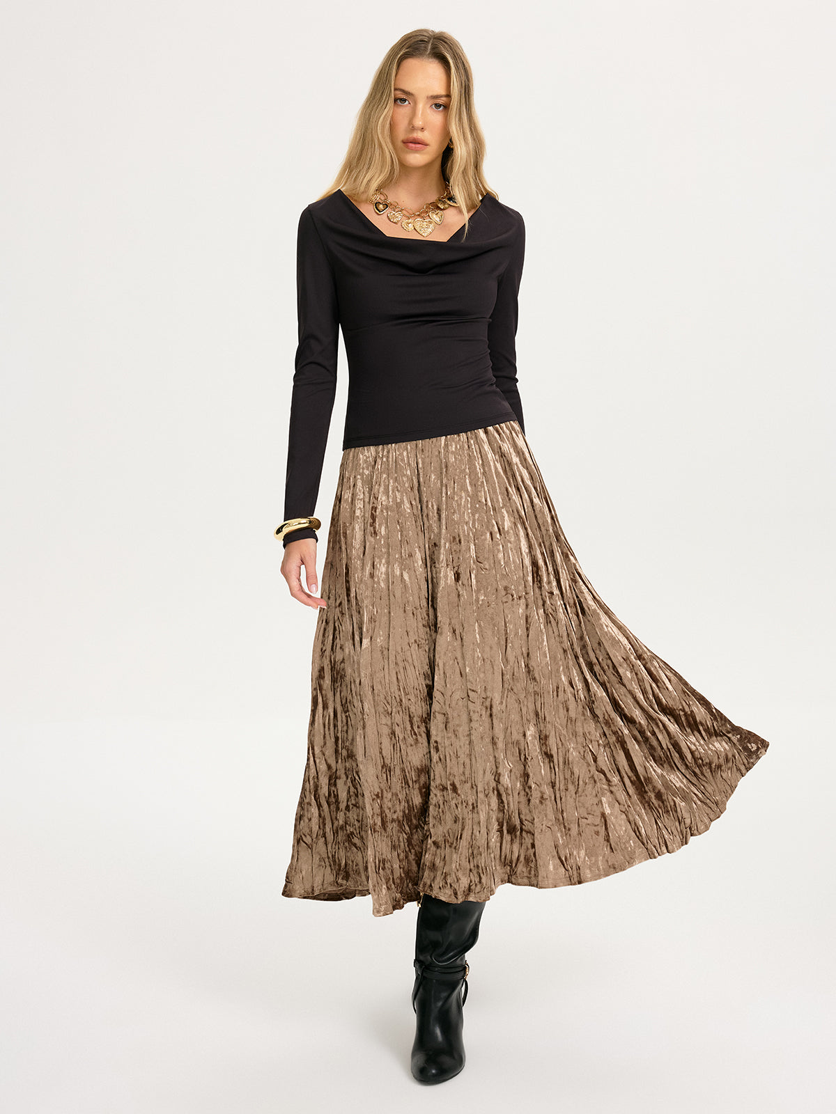 Long-Sleeve Cowl-Neck Fitted Top