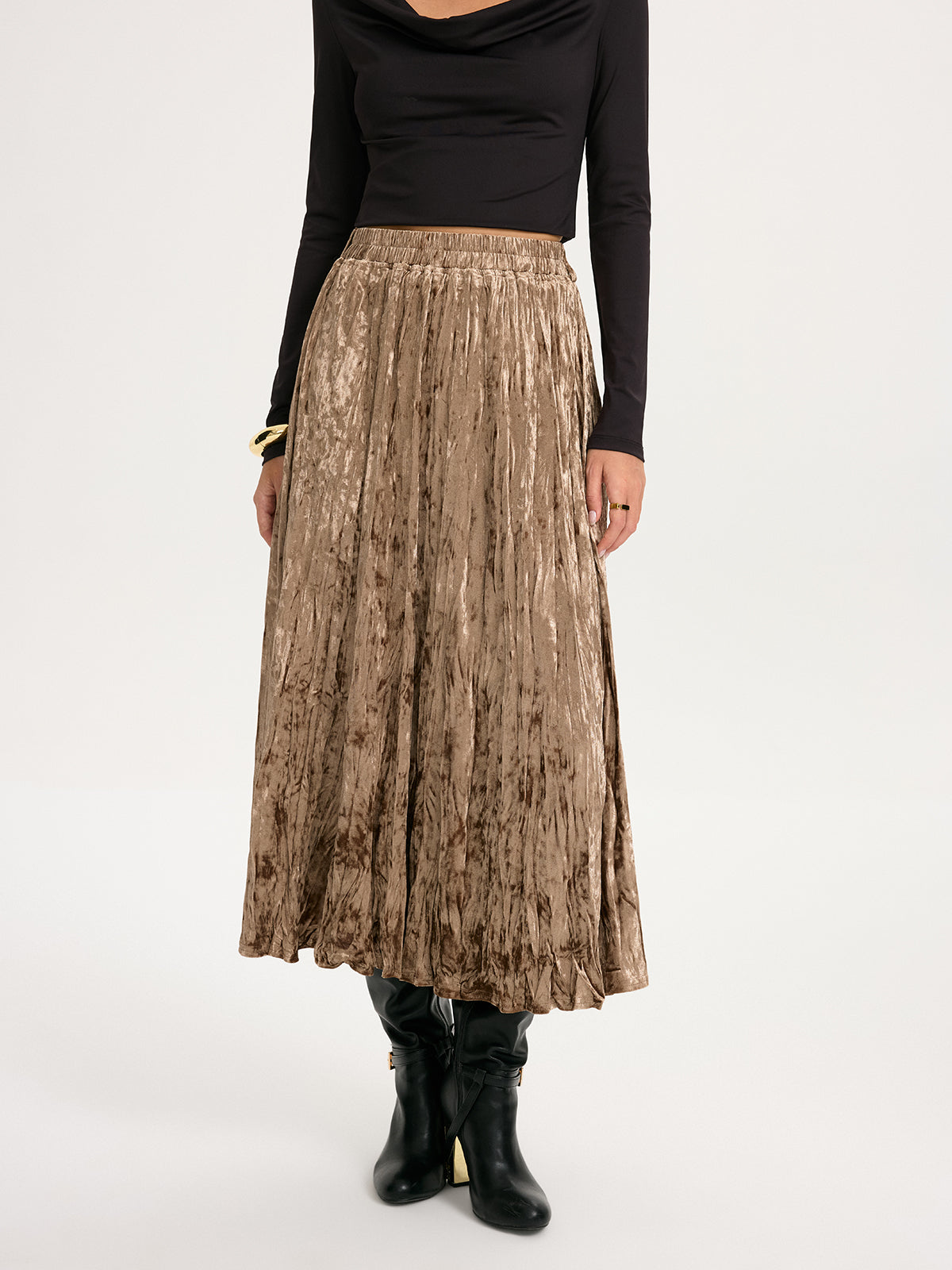 Crushed Velvet Elastic-Waist Maxi Skirt