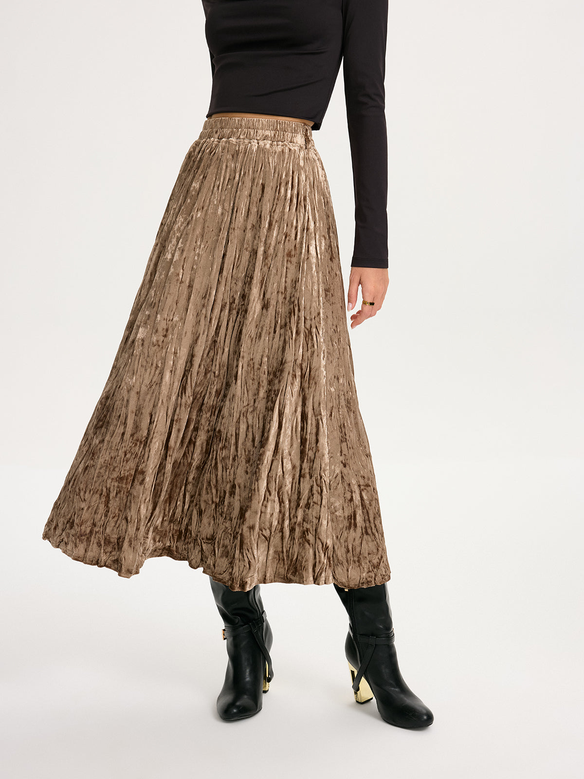 Crushed Velvet Elastic-Waist Maxi Skirt