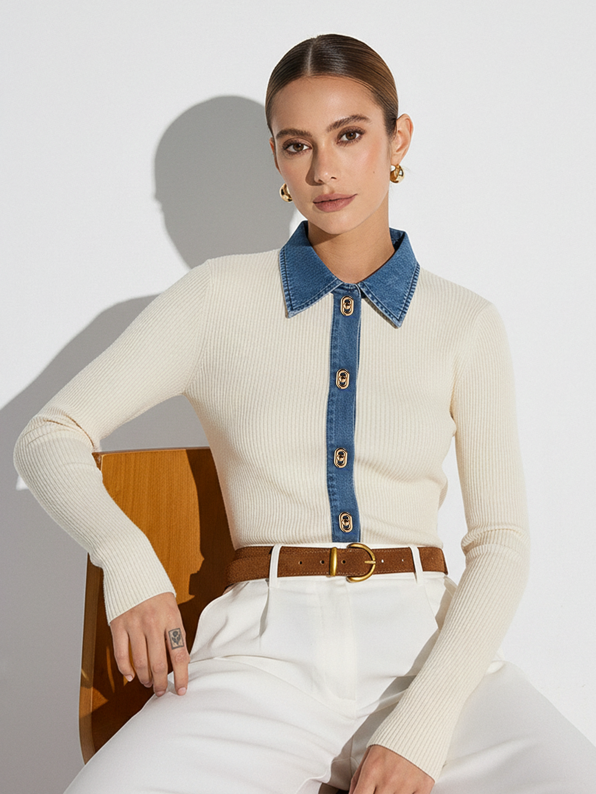 Wool Blend Denim Collar Metal Button Cardigan