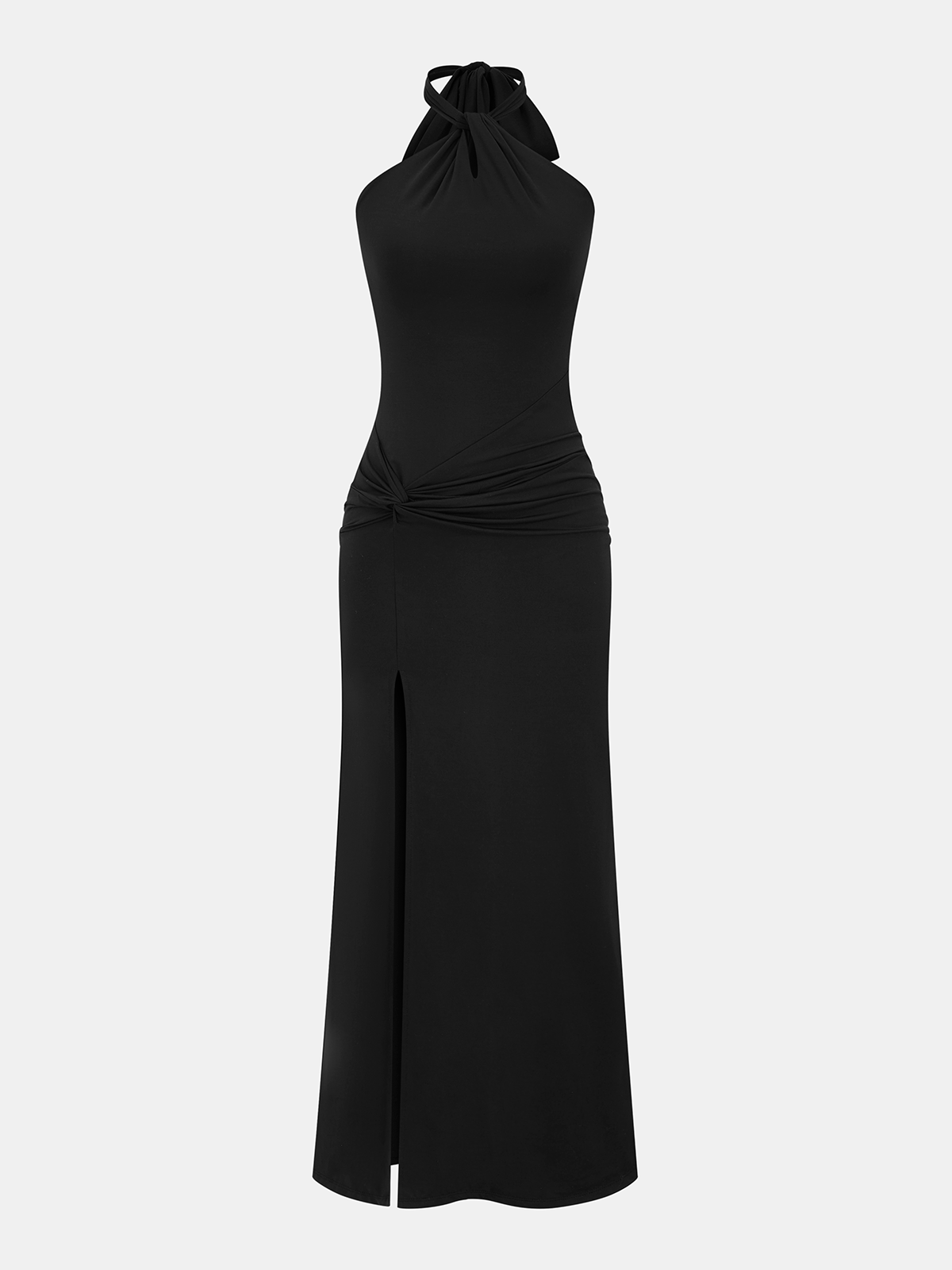 Halter Neck Twisted Ruched Slit Maxi Dress