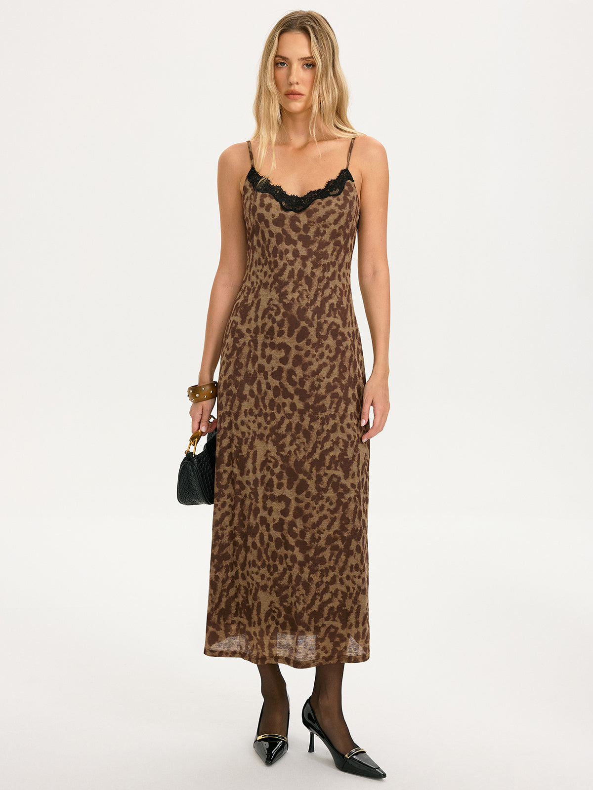 Lace Trim Leopard-Print Cami Maxi Dress
