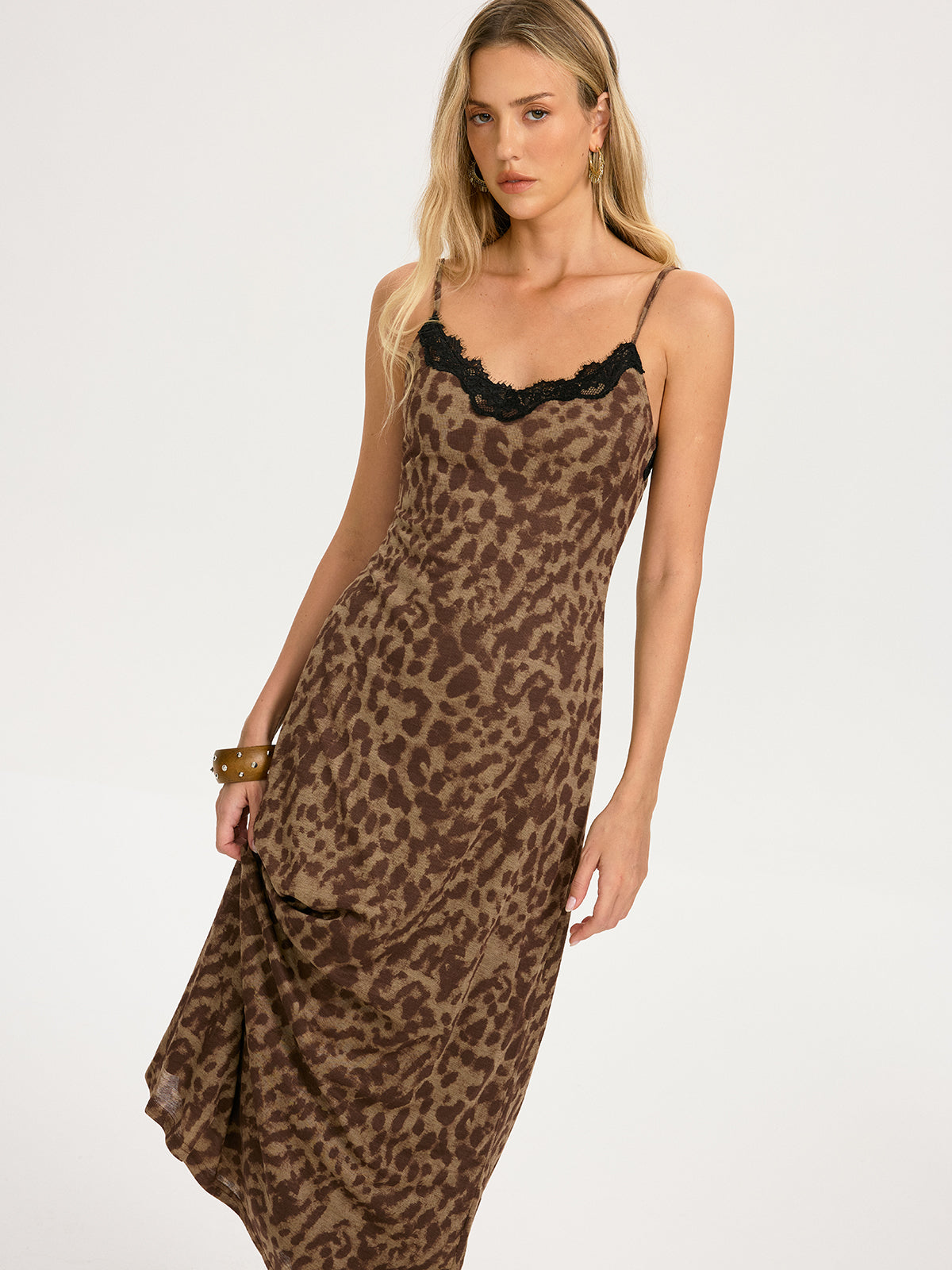 Lace Trim Leopard-Print Cami Maxi Dress