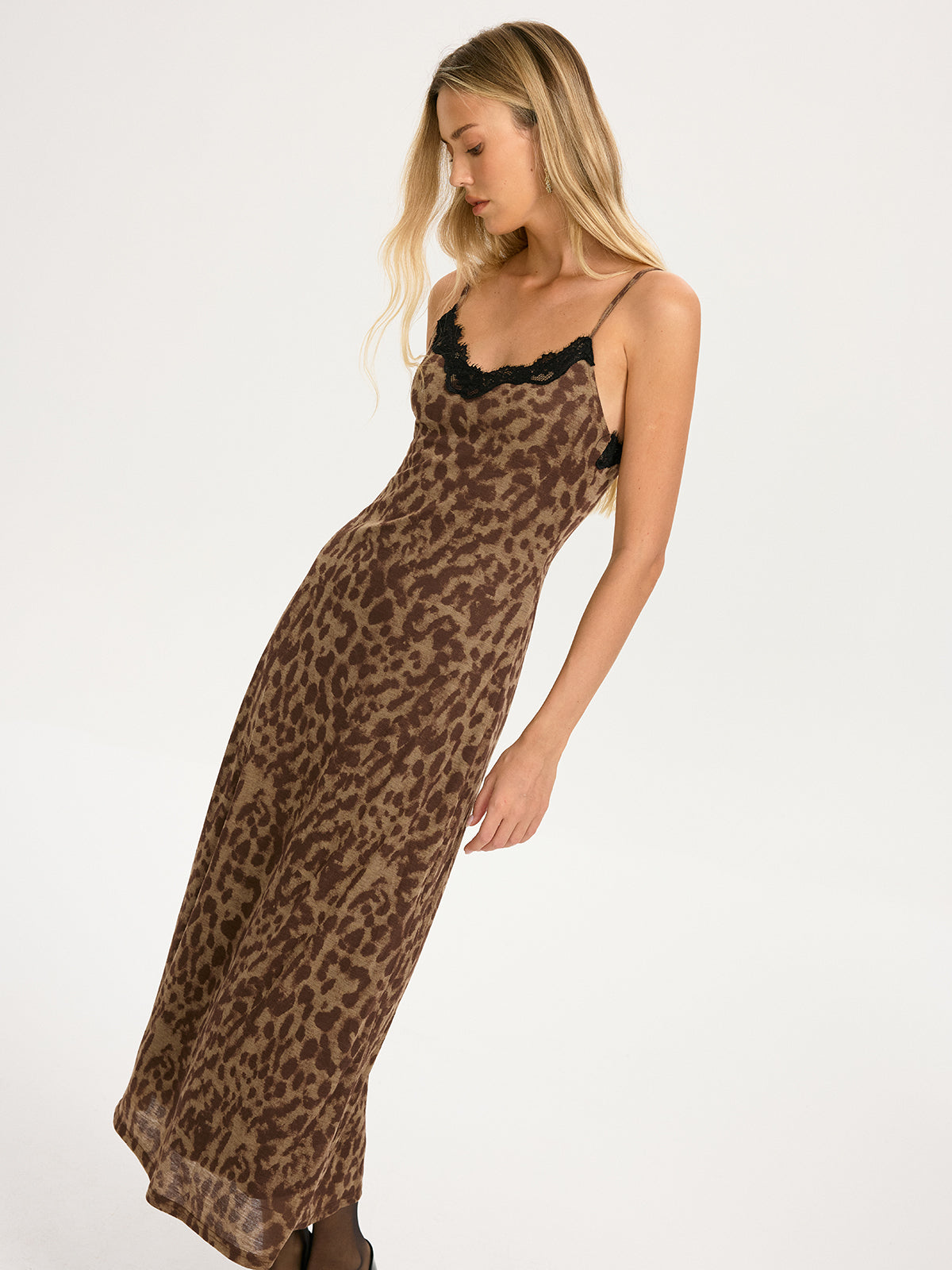 Lace Trim Leopard-Print Cami Maxi Dress