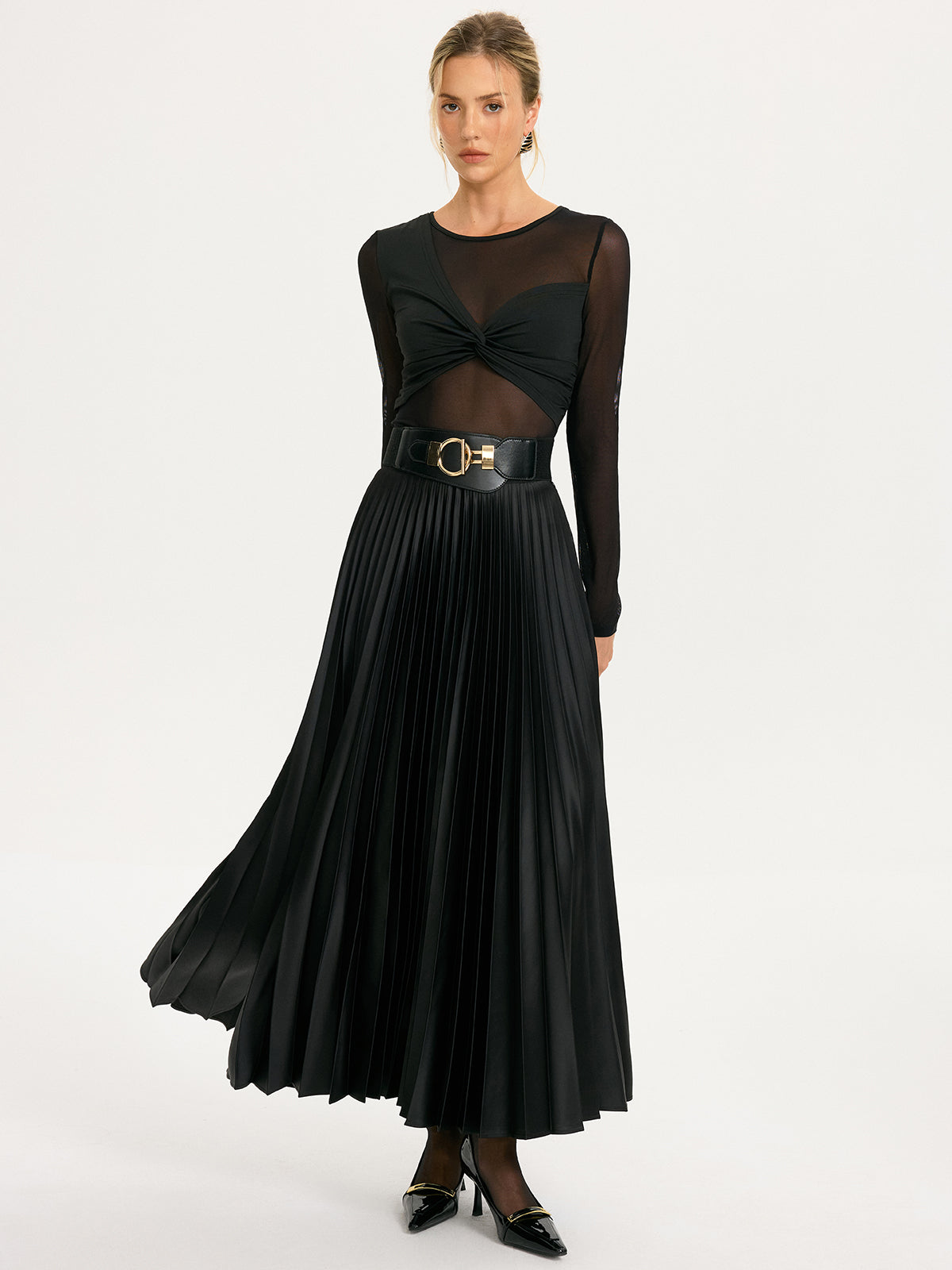 Twist-Front Sheer Mesh Long-Sleeve Top