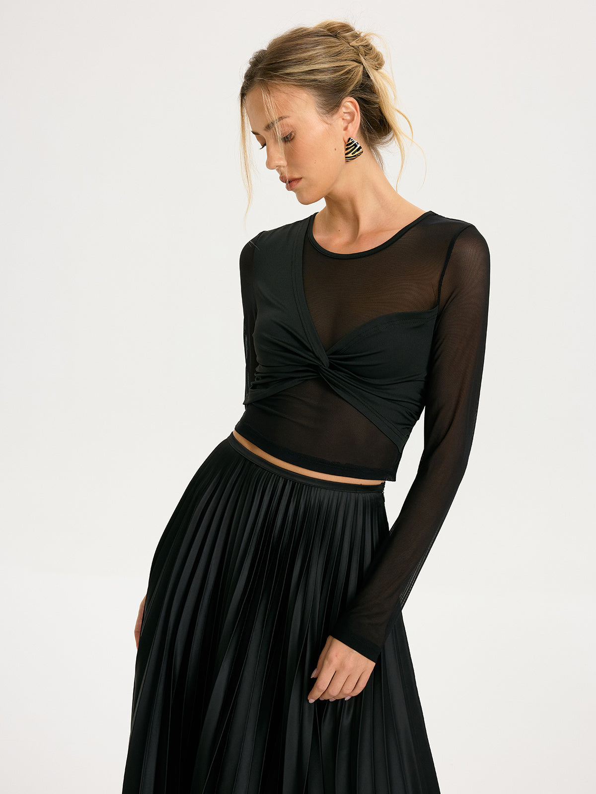 Twist-Front Sheer Mesh Long-Sleeve Top