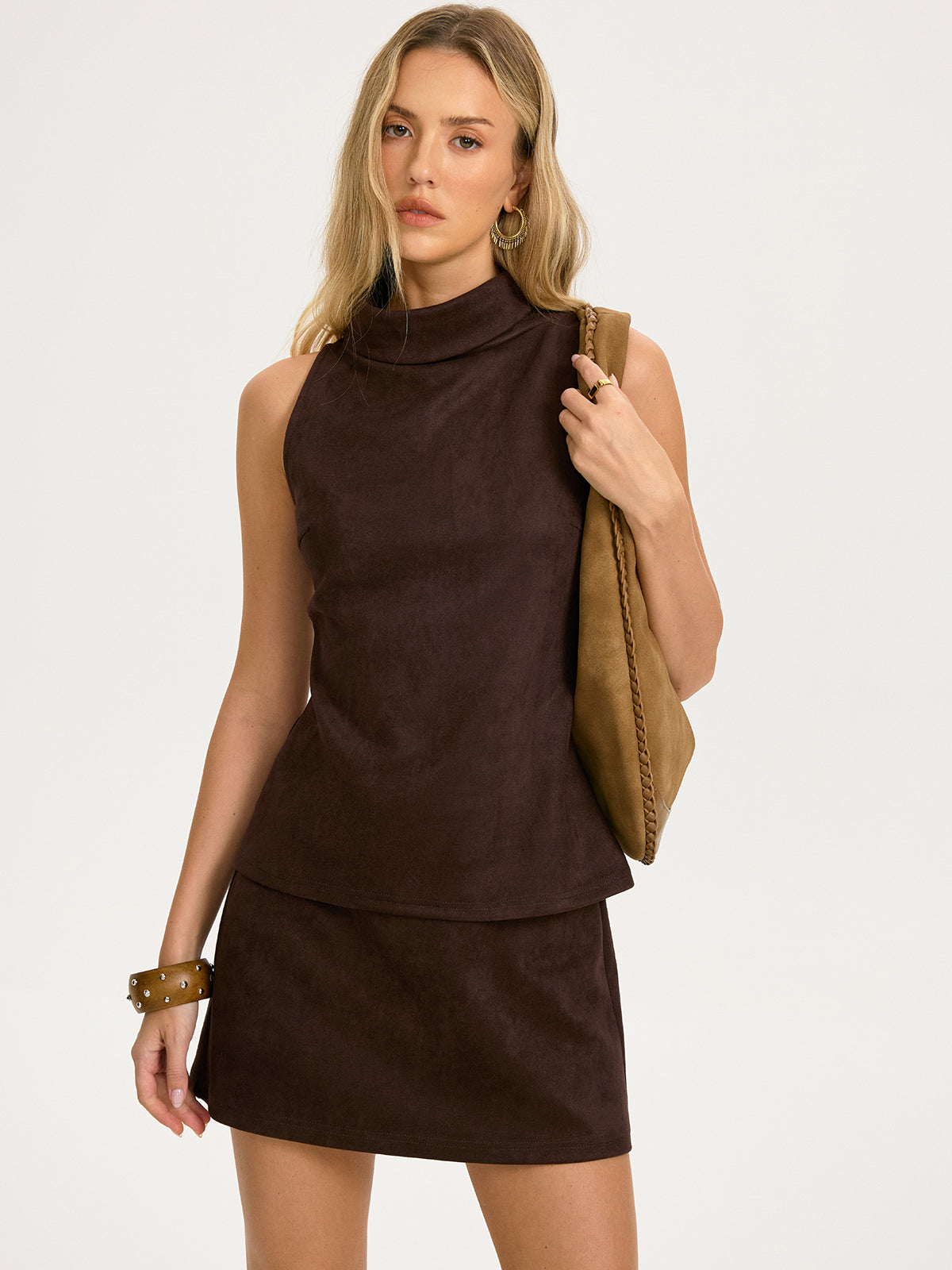 Suede Effect Sleeveless Top & Mini Skirt Set