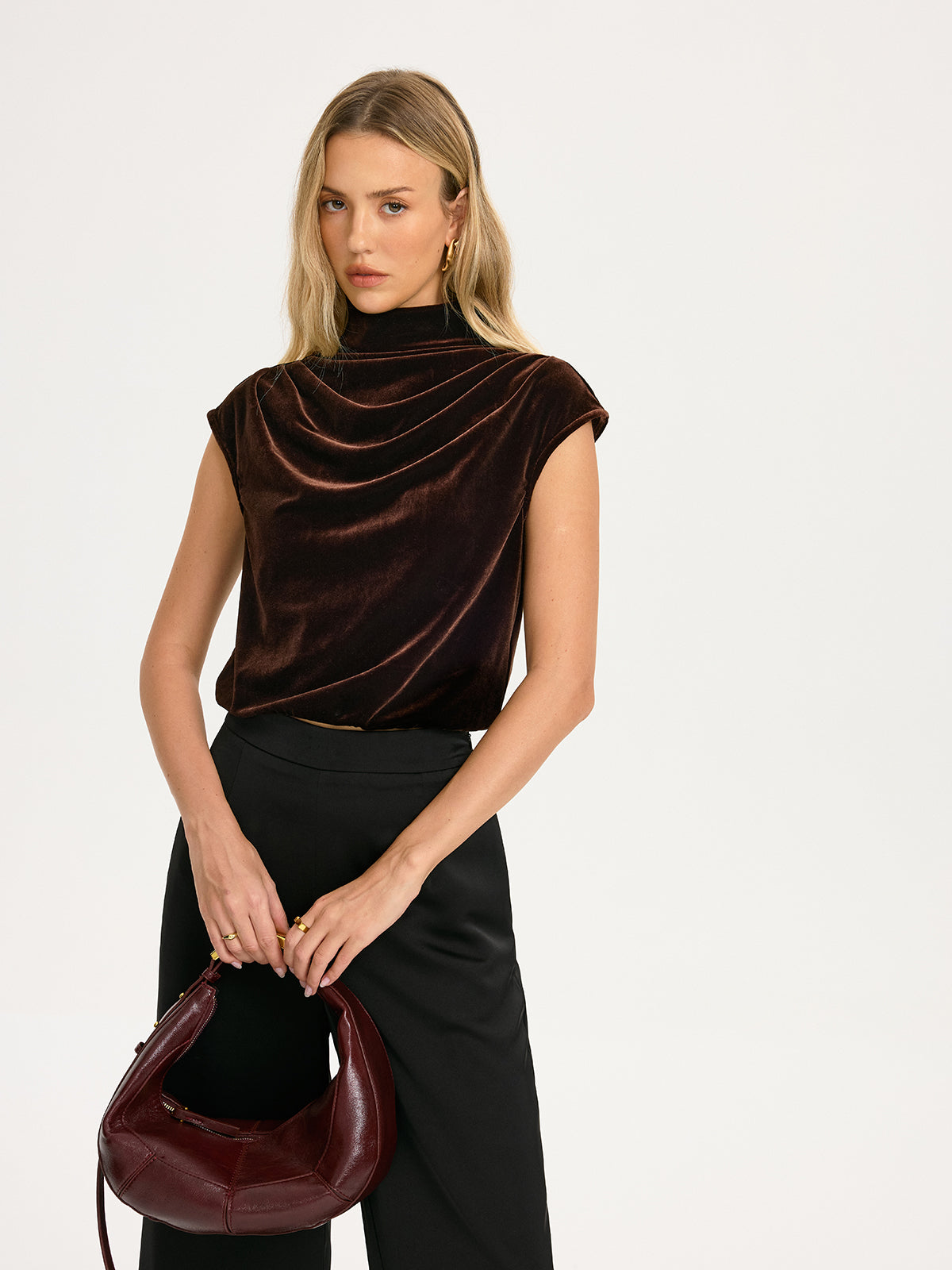 Velvet Mock-Neck Draped Cap-Sleeve Crop Top