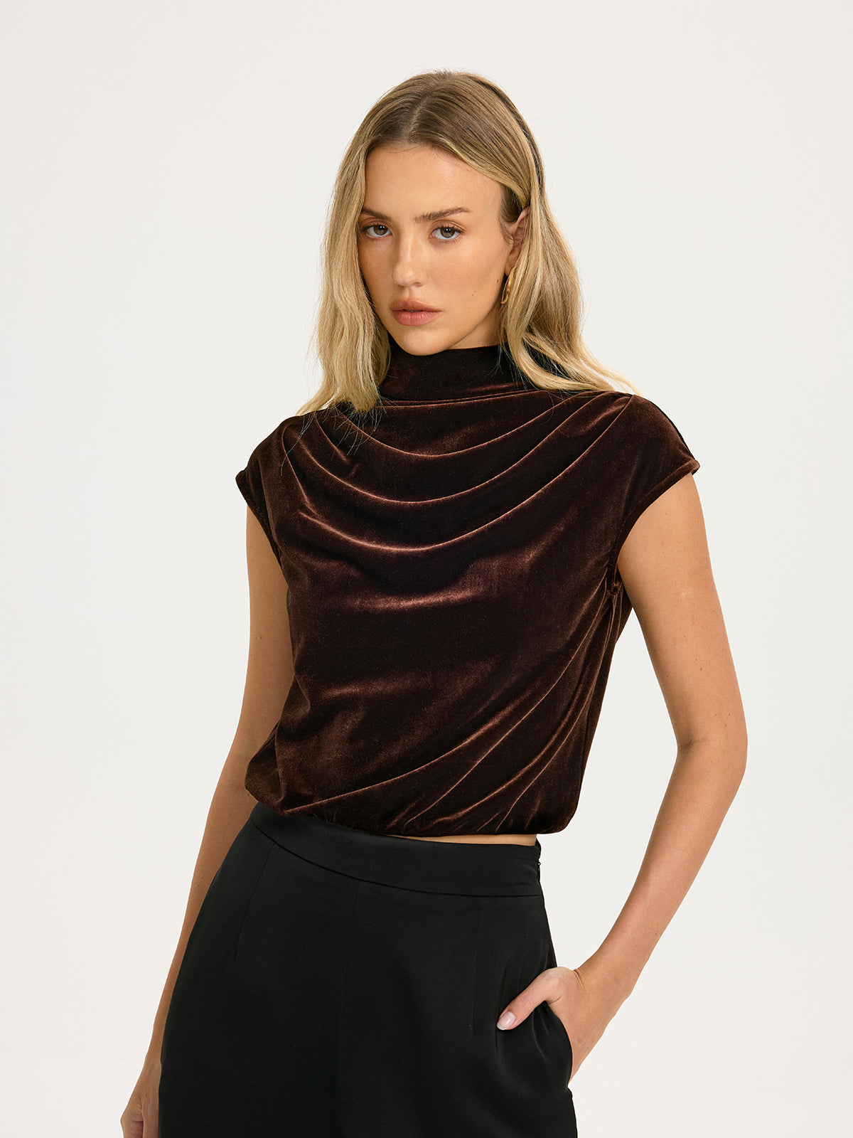 Velvet Mock-Neck Draped Cap-Sleeve Crop Top