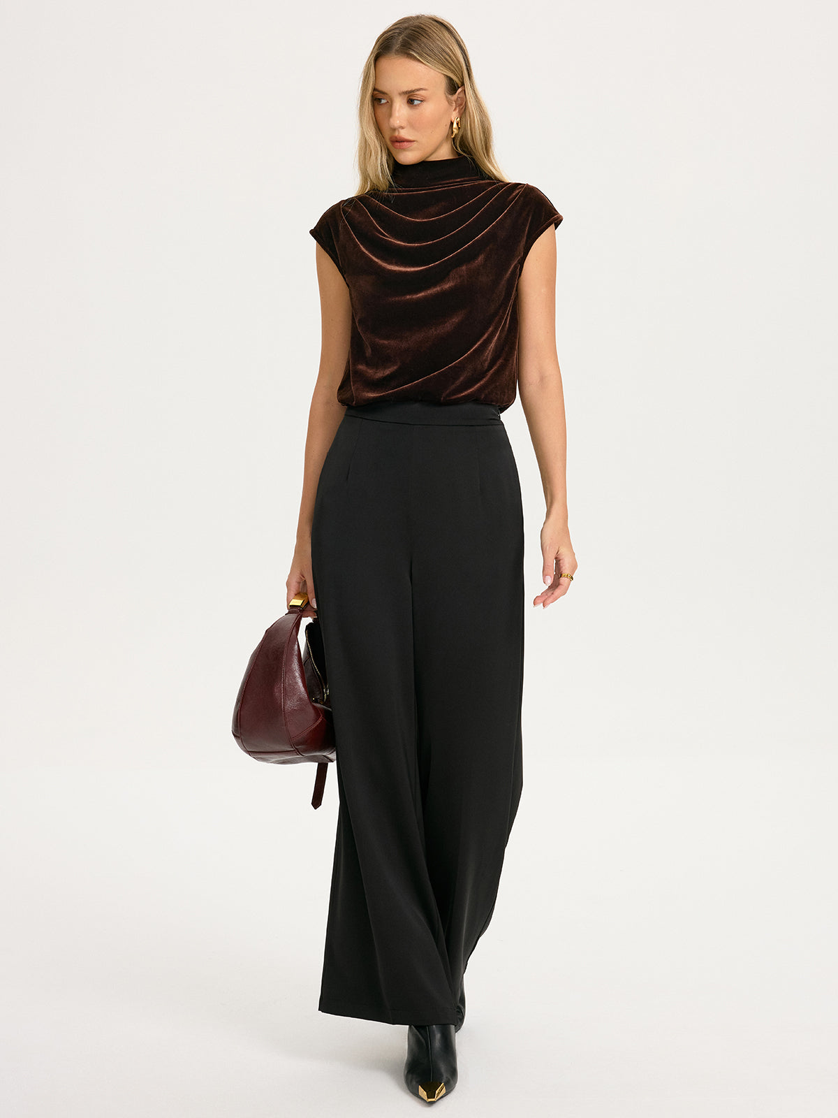 Velvet Mock-Neck Draped Cap-Sleeve Crop Top