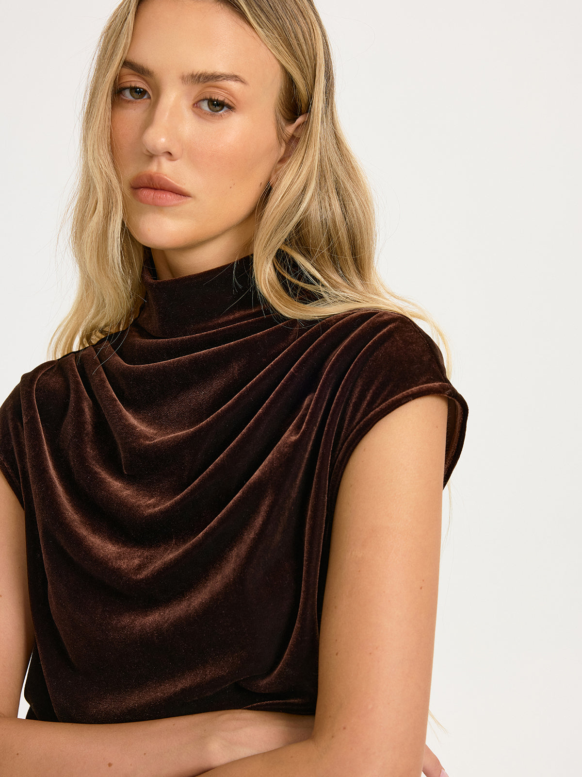 Velvet Mock-Neck Draped Cap-Sleeve Crop Top