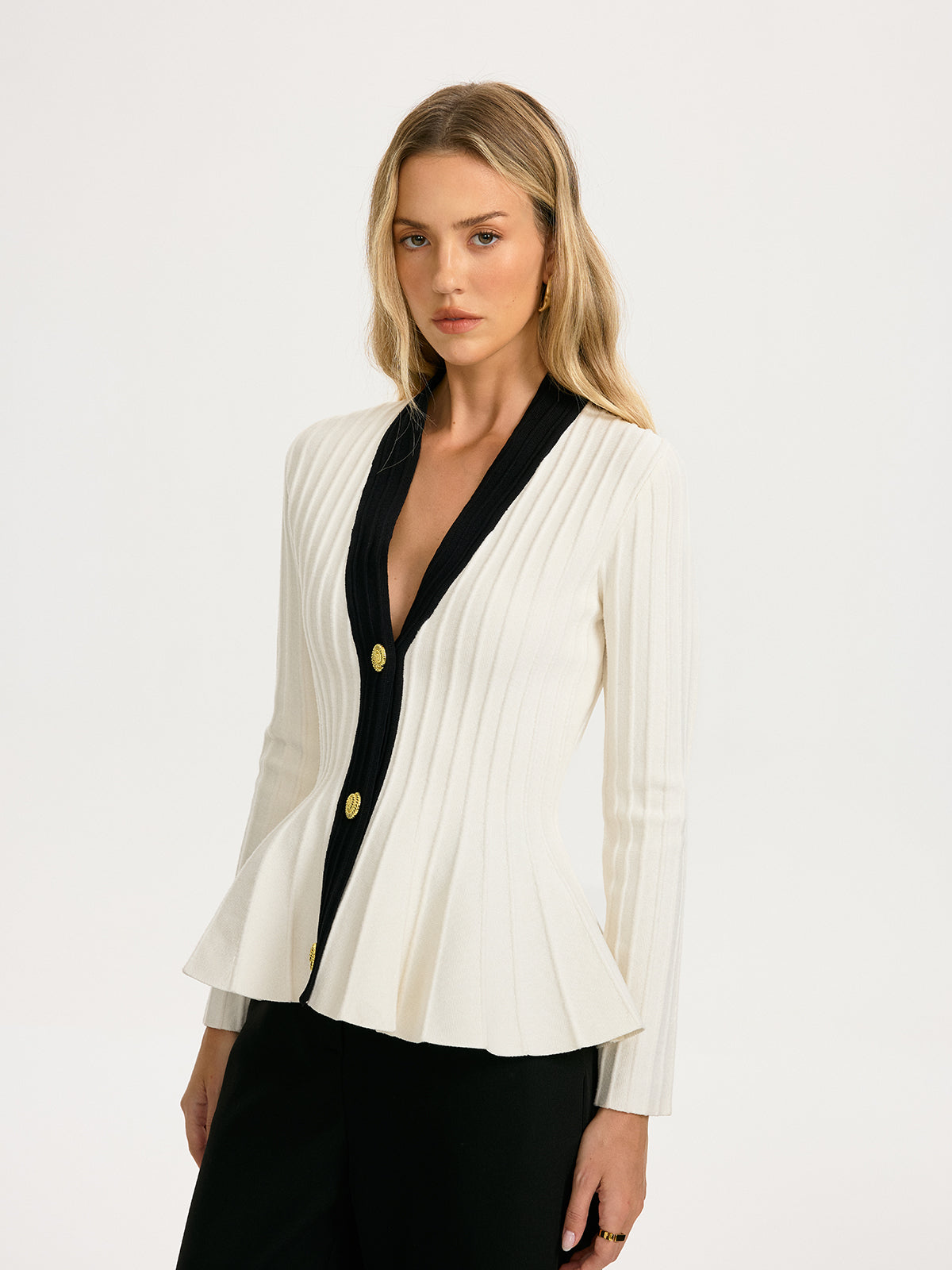 Contrast-Trim Deep V-Neck Peplum Cardigan