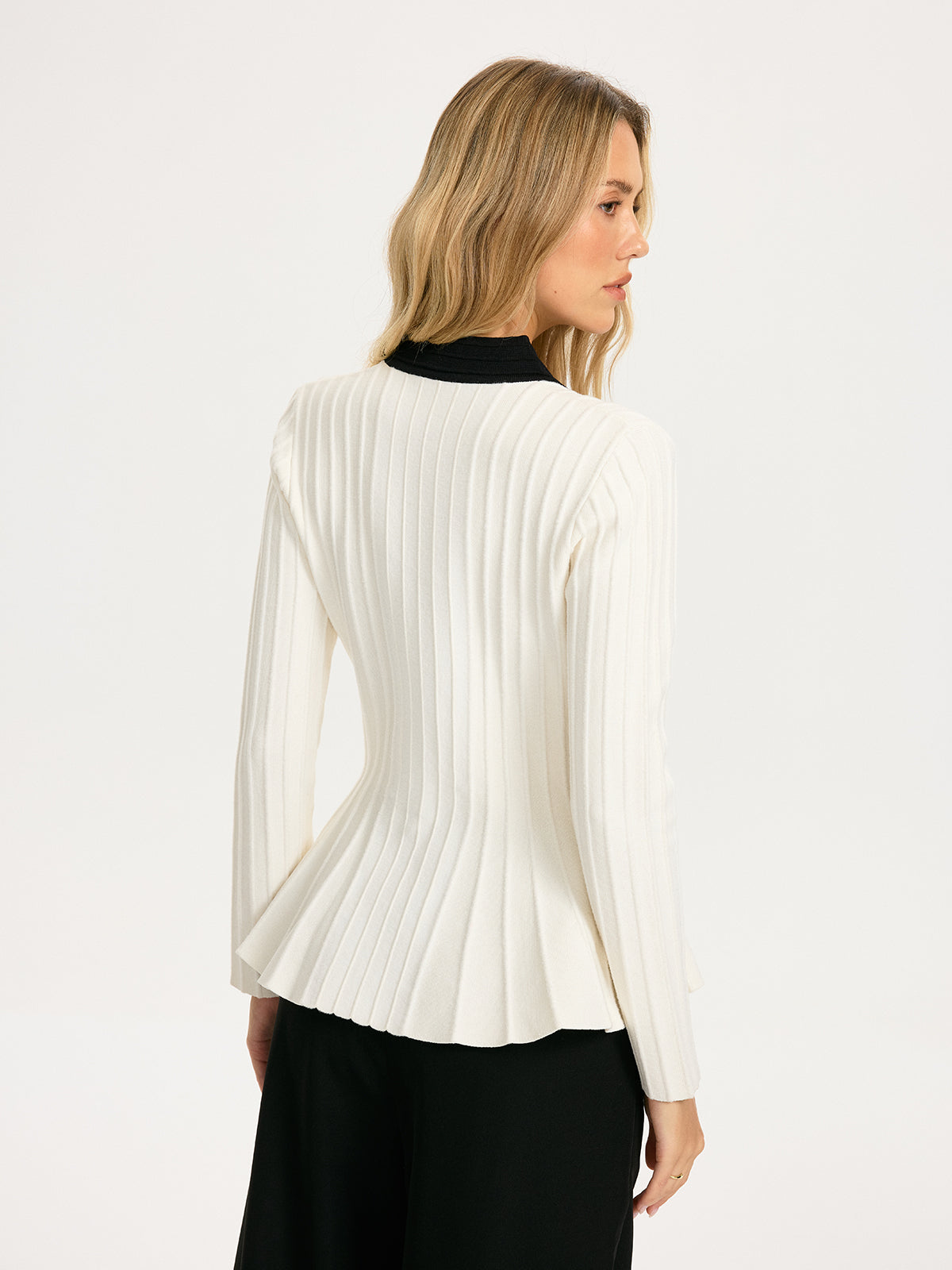 Contrast-Trim Deep V-Neck Peplum Cardigan