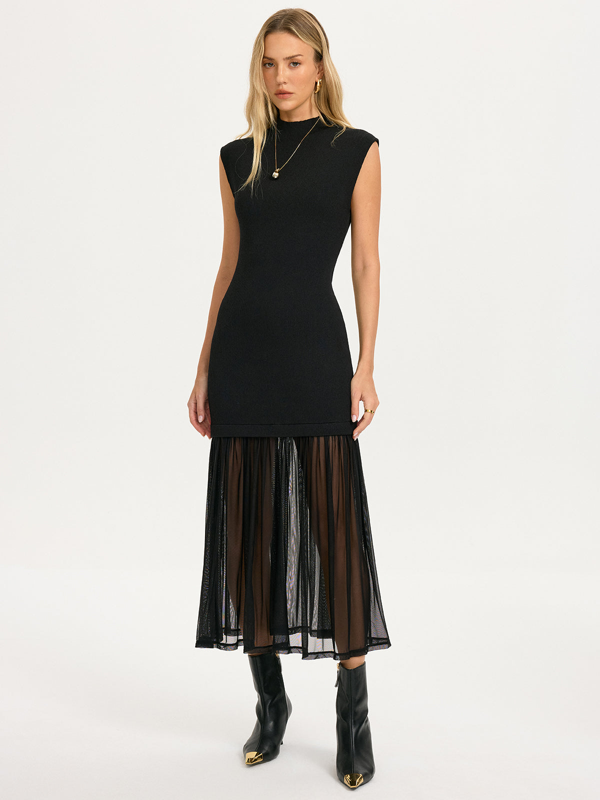 Sheer Pleated Hem Sleeveless Knit Dress