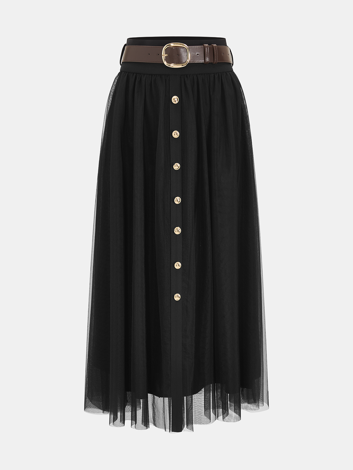 Metal Detail Tiered Mesh Belted Midi Skirt