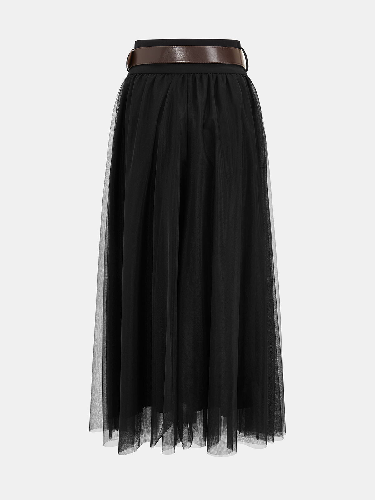 Metal Detail Tiered Mesh Belted Midi Skirt
