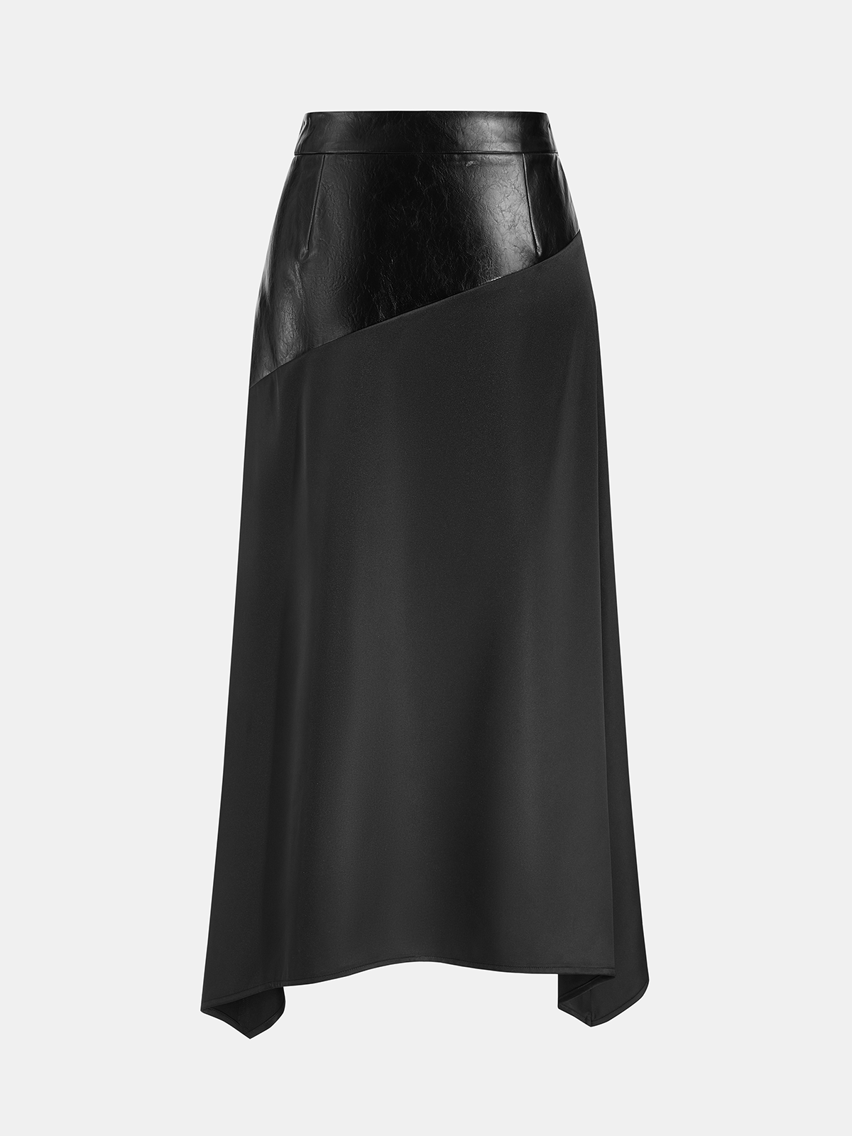 Faux Leather Panel Satin Asymmetric Midi Skirt
