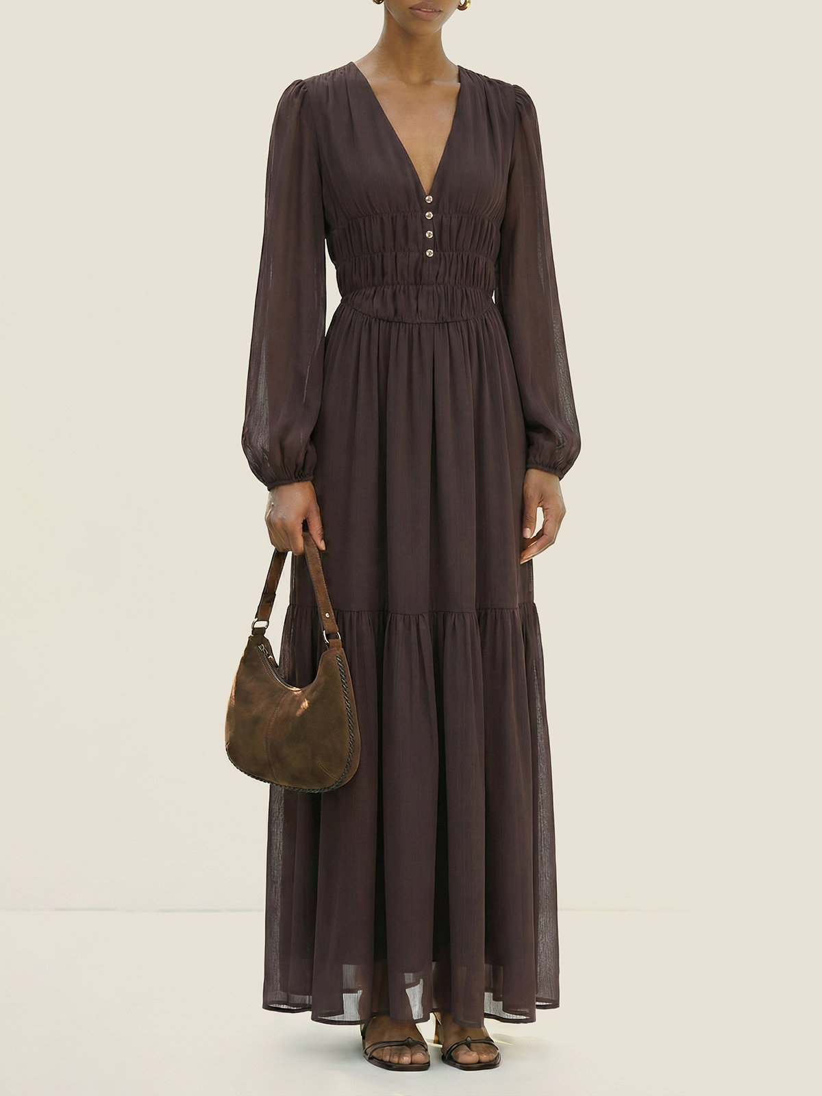 Chiffon V-Neck Puff-Sleeve Maxi Dress