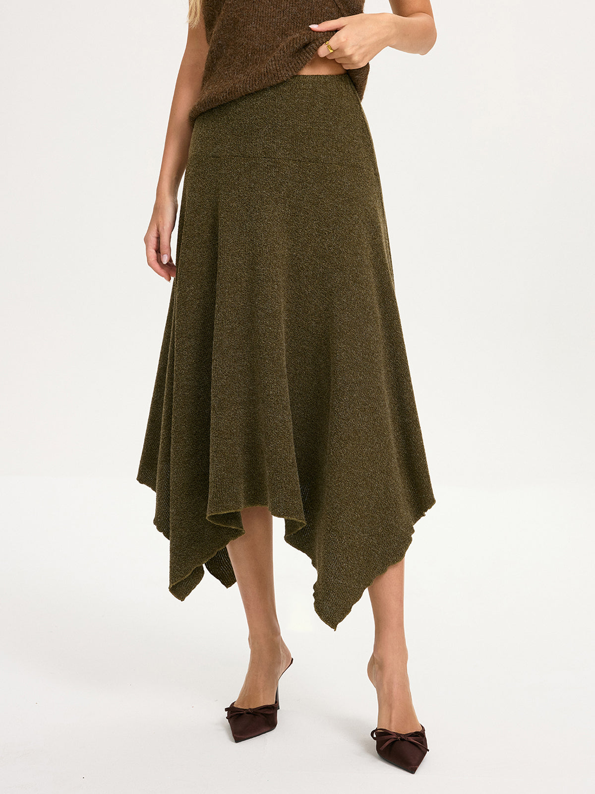 Knit Asymmetric Hem Midi Skirt
