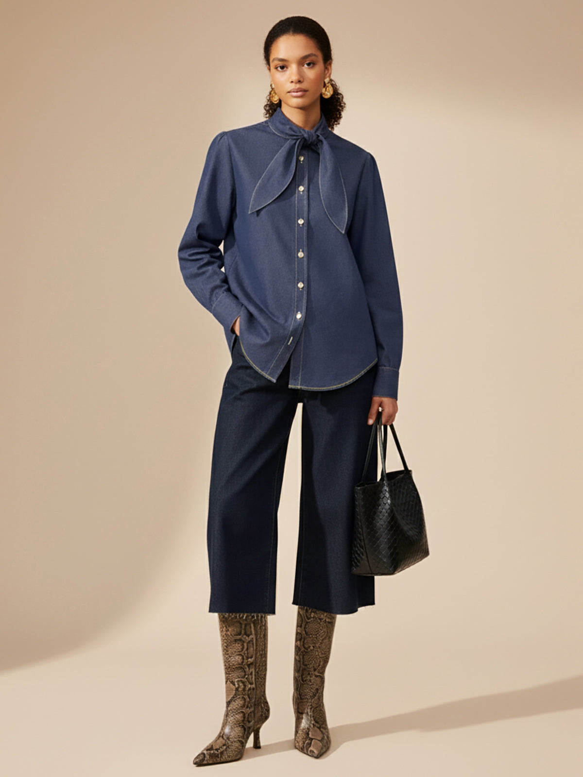 Tie-Neck Denim Blouse
