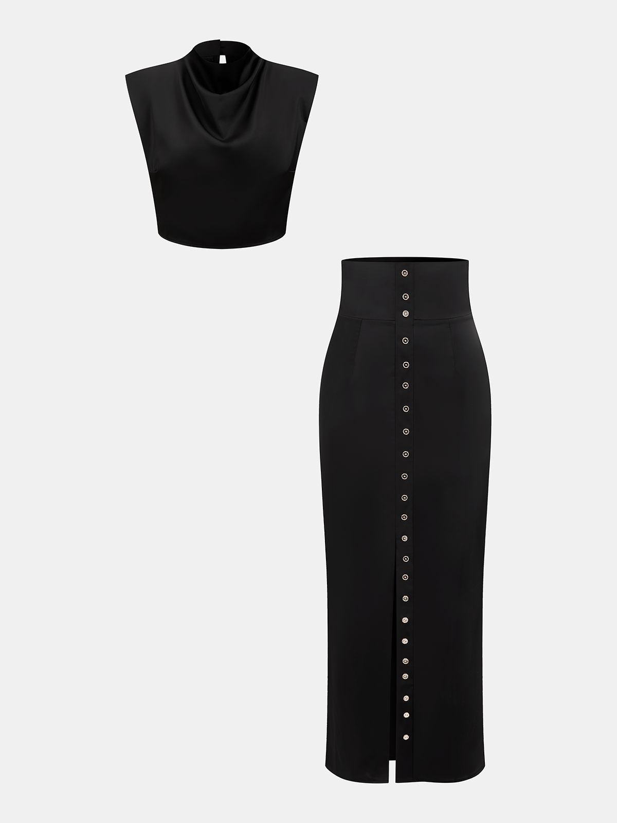 Satin Cowl-Neck Top & High-Waisted Skirt Set