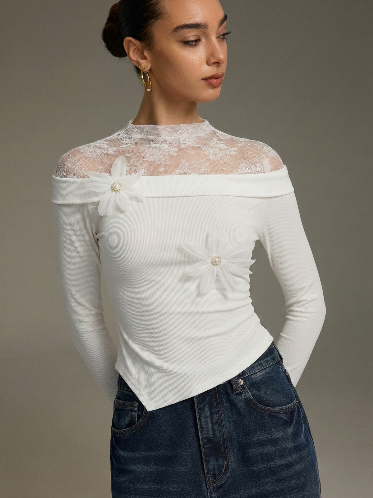 Lace Panel 3D Floral Off-Shoulder Top
