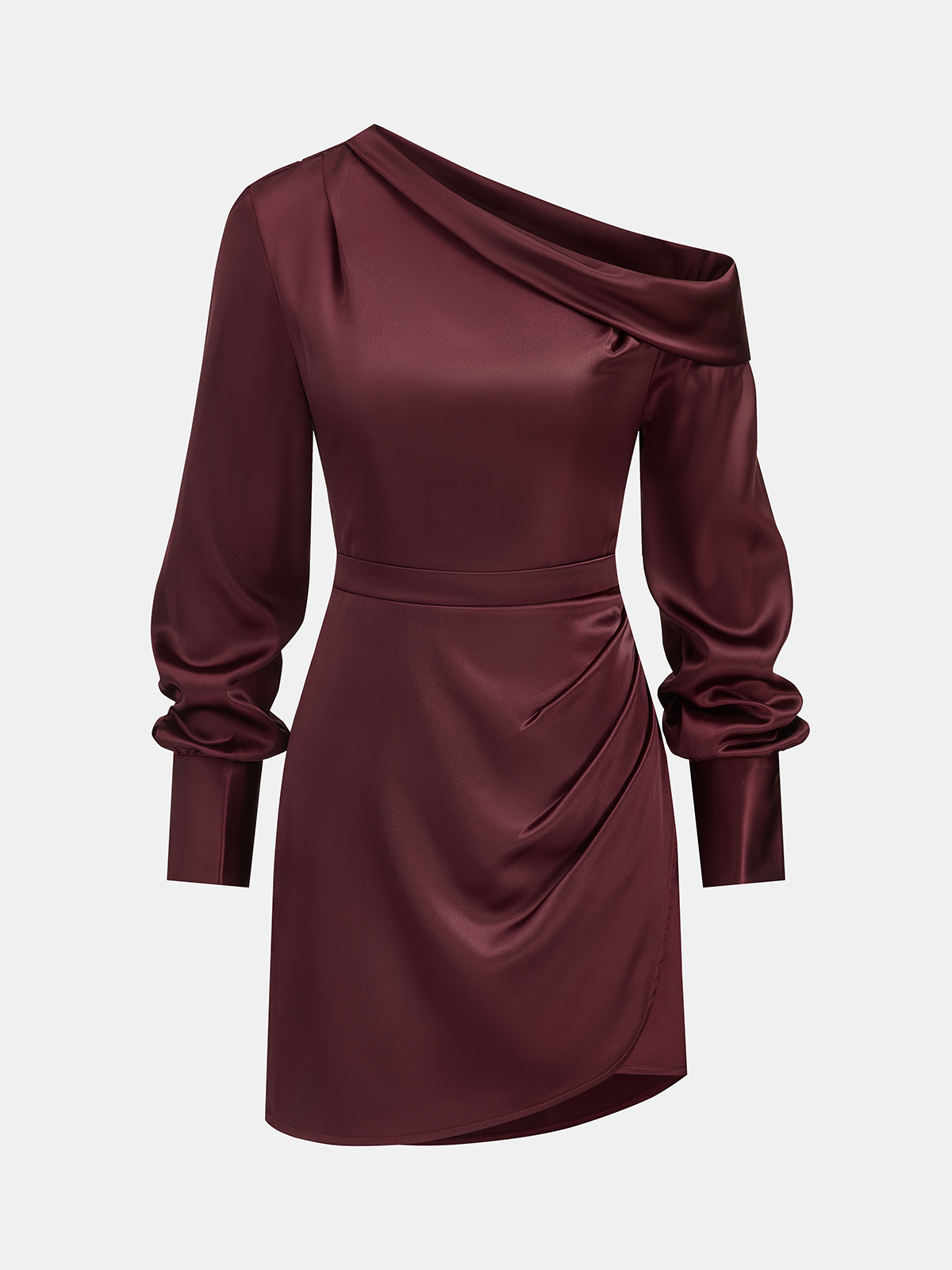 Robe froncée en satin à manches longues et épaules dénudées