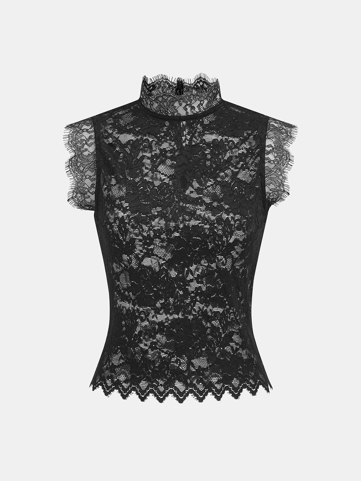 Scalloped Trim Stand Collar Lace Sleeveless Top
