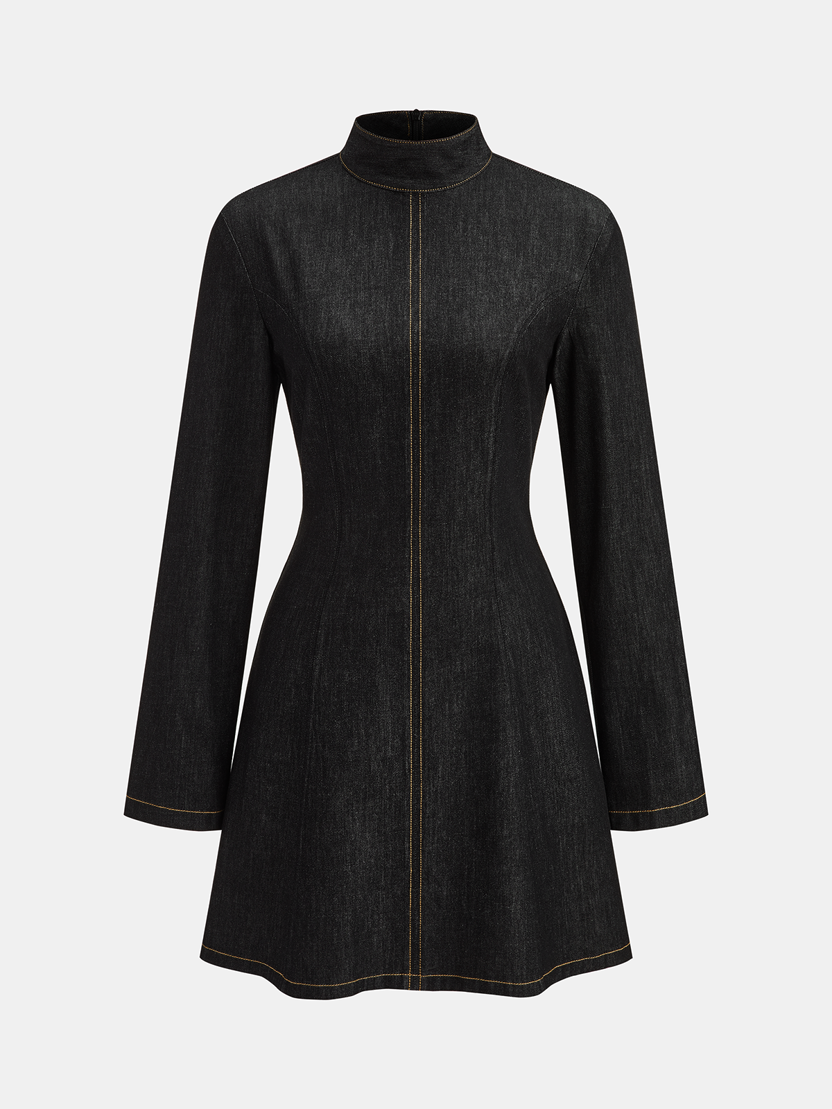 Contrast Stitched Denim Stand Collar Mini Dress