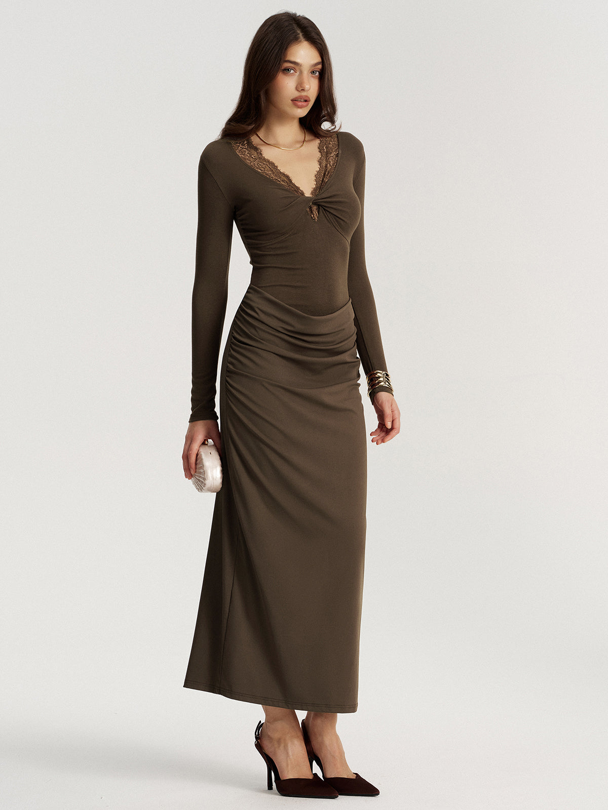 Twisted Lace V-Neck Ruched Maxi Dress