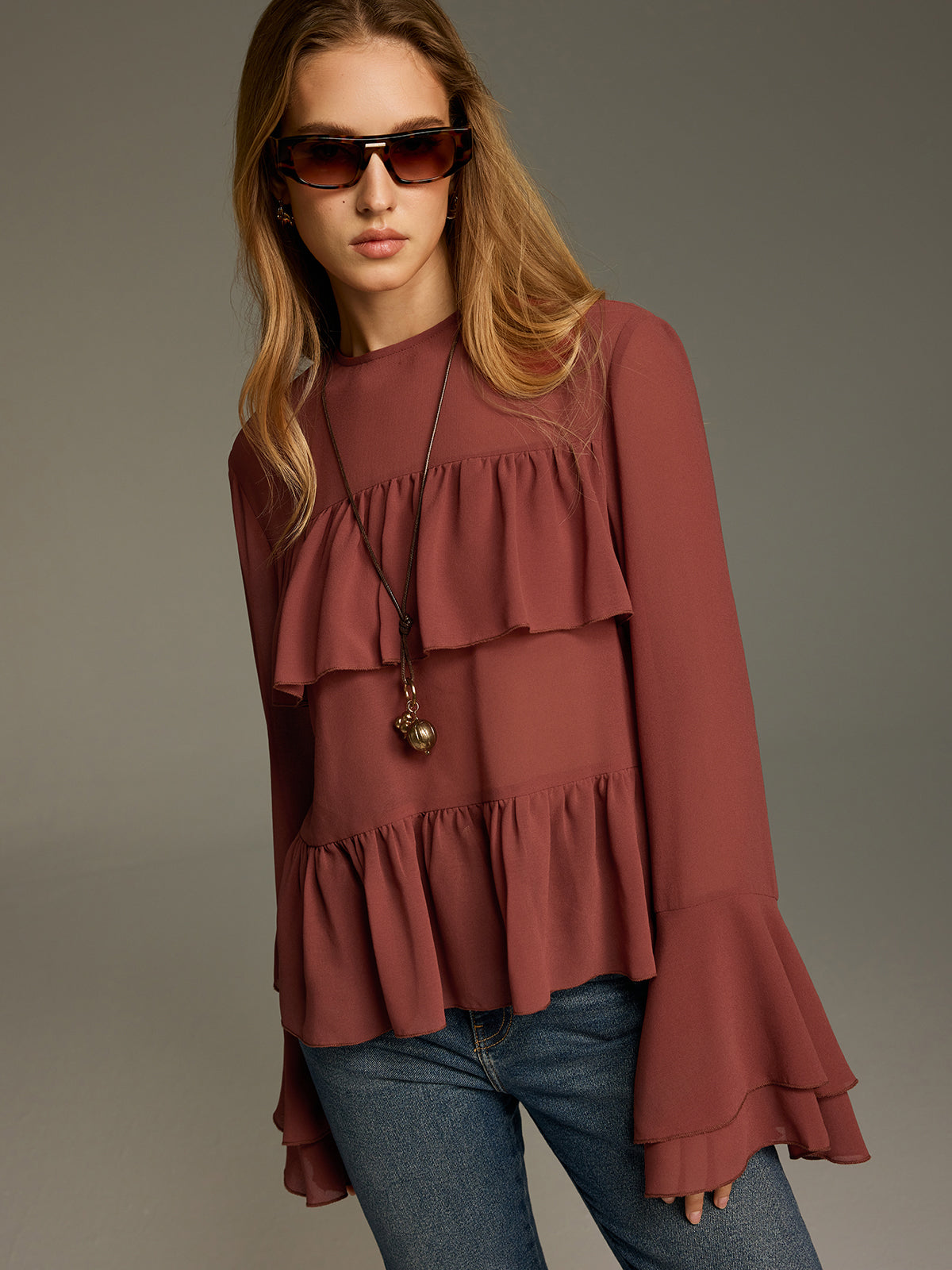 Bell Sleeve Chiffon Tiered Ruffle Blouse