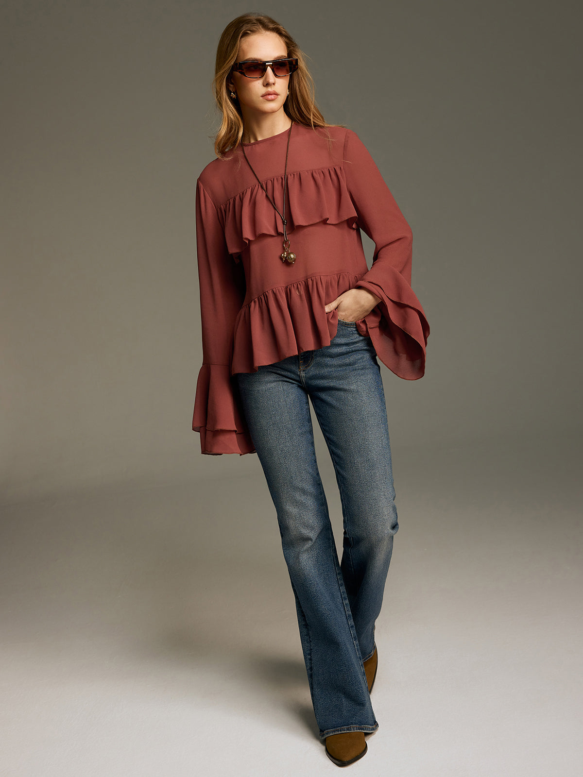 Bell Sleeve Chiffon Tiered Ruffle Blouse