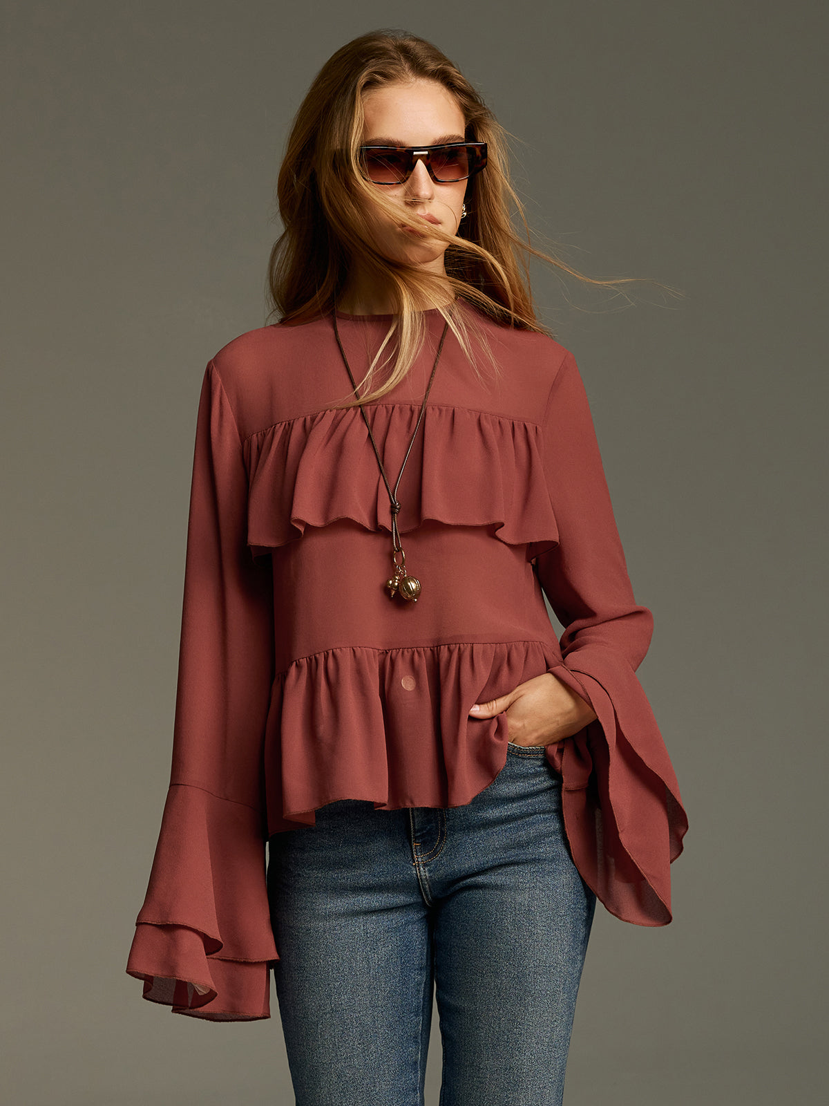 Bell Sleeve Chiffon Tiered Ruffle Blouse
