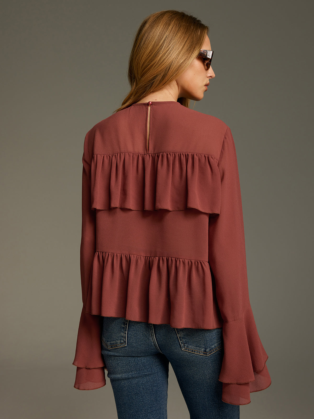Bell Sleeve Chiffon Tiered Ruffle Blouse