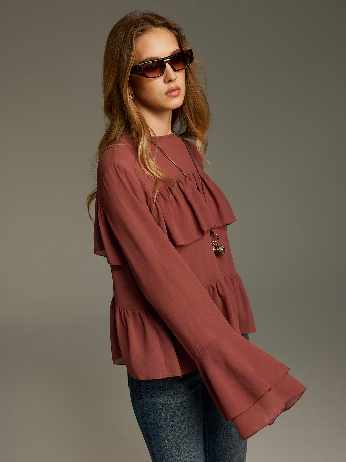 Bell Sleeve Chiffon Tiered Ruffle Blouse