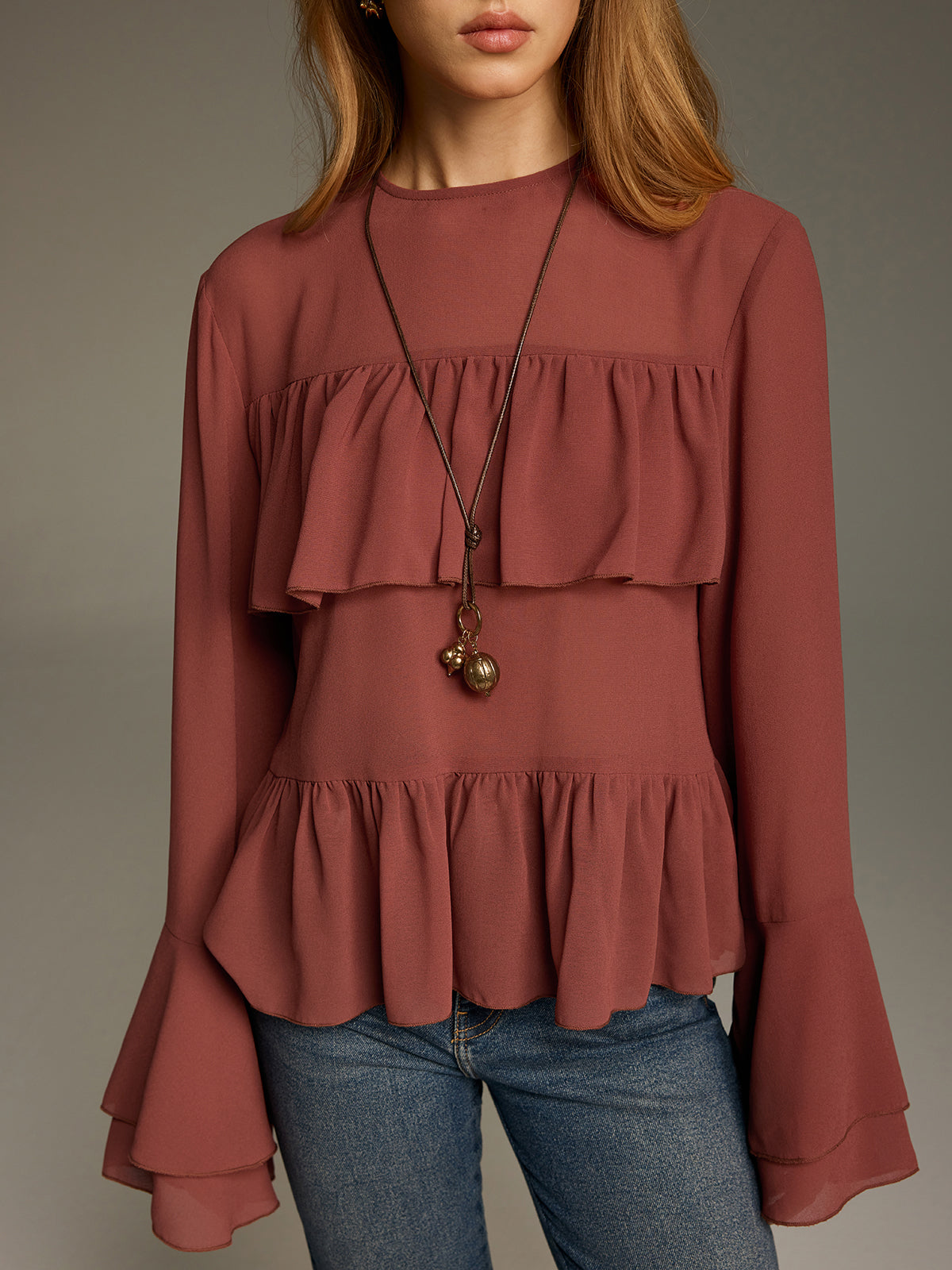 Bell Sleeve Chiffon Tiered Ruffle Blouse