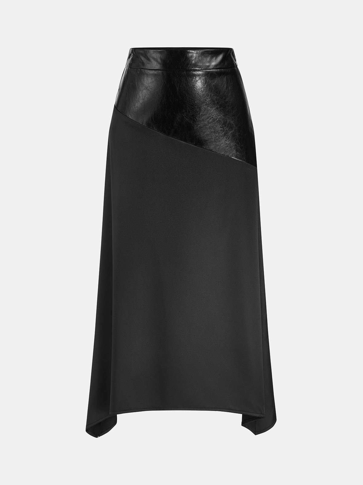 Faux Leather Panel Satin Asymmetric Midi Skirt